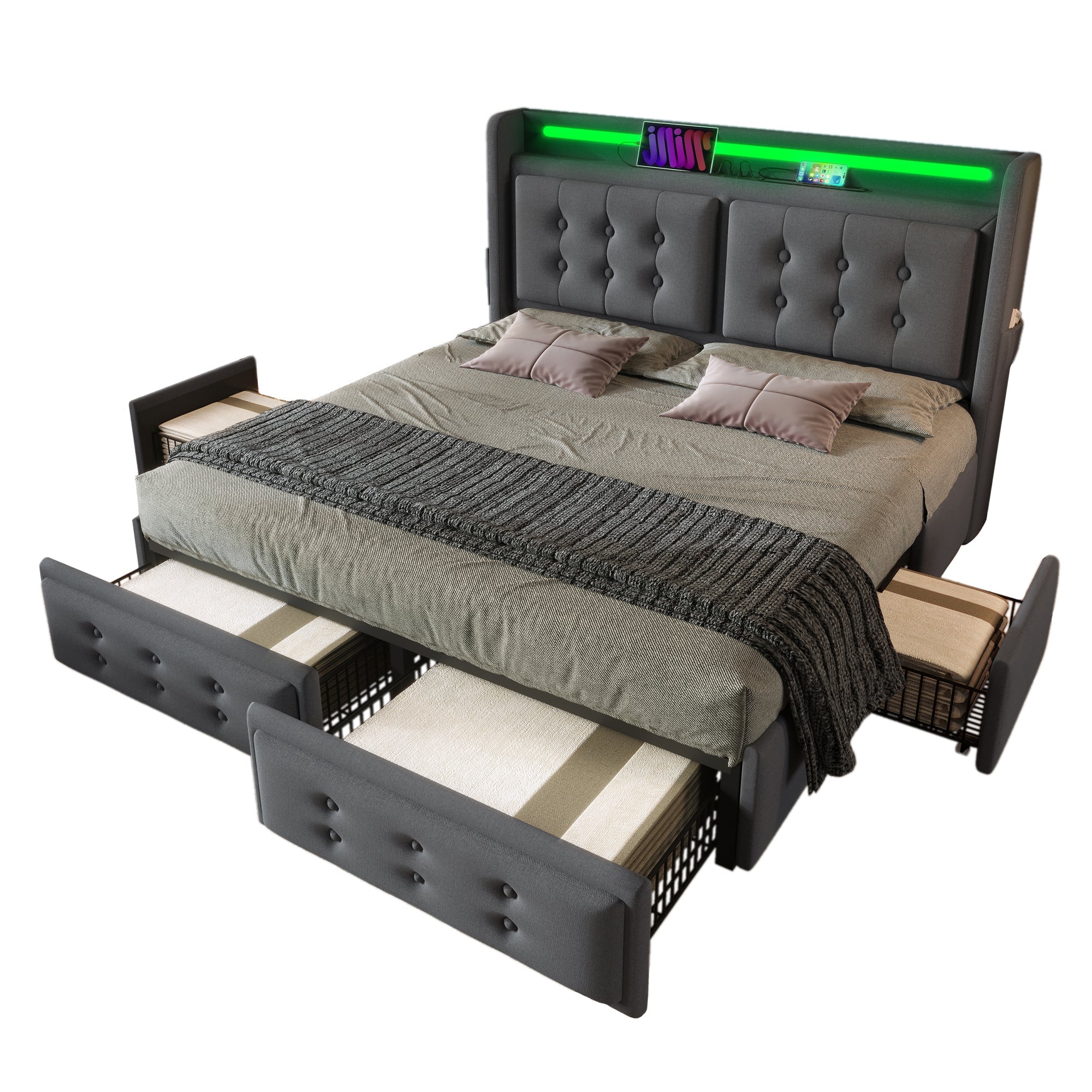 Logidon gestoffeerd bed 180x200 grijs met LED hoofdeinde USB-C 4 lades