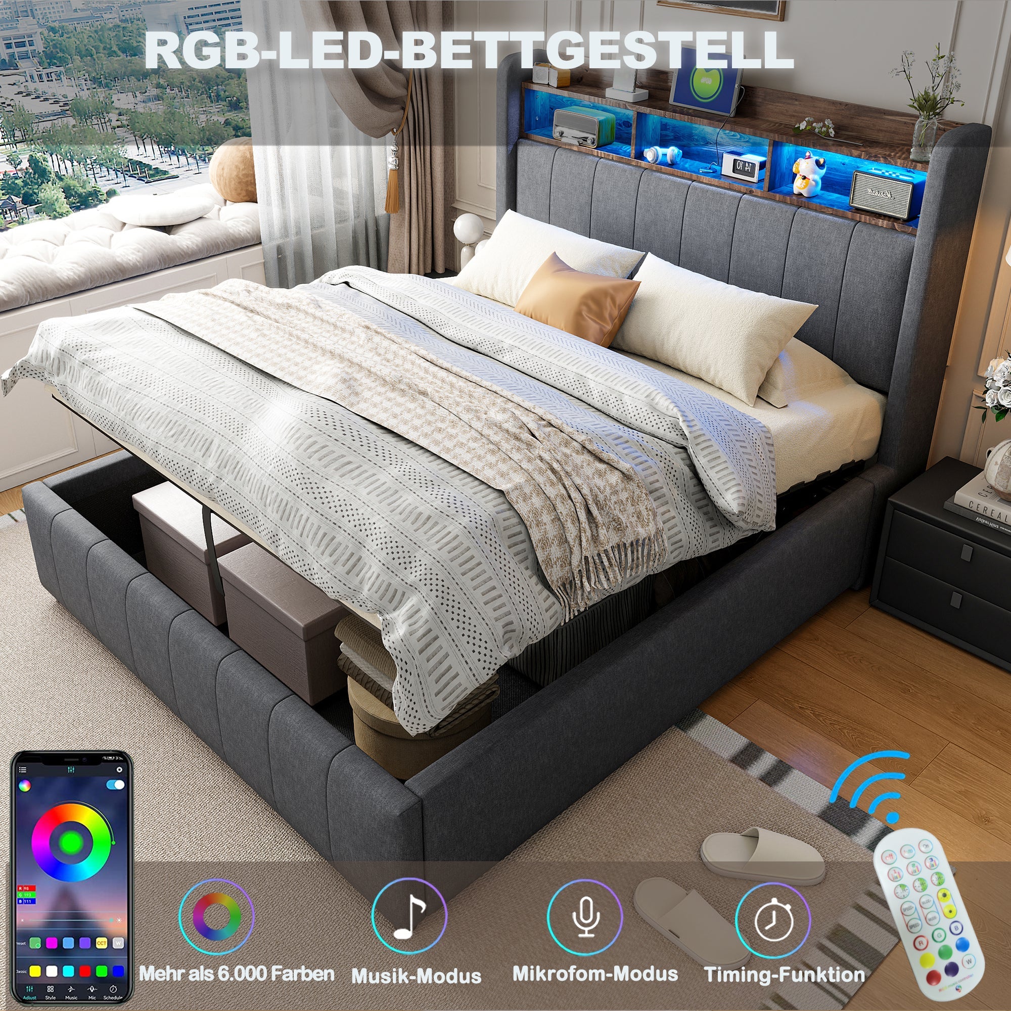 Logidon gestoffeerd bed 140x200 cm grijs met LED verlichting USB opbergruimte