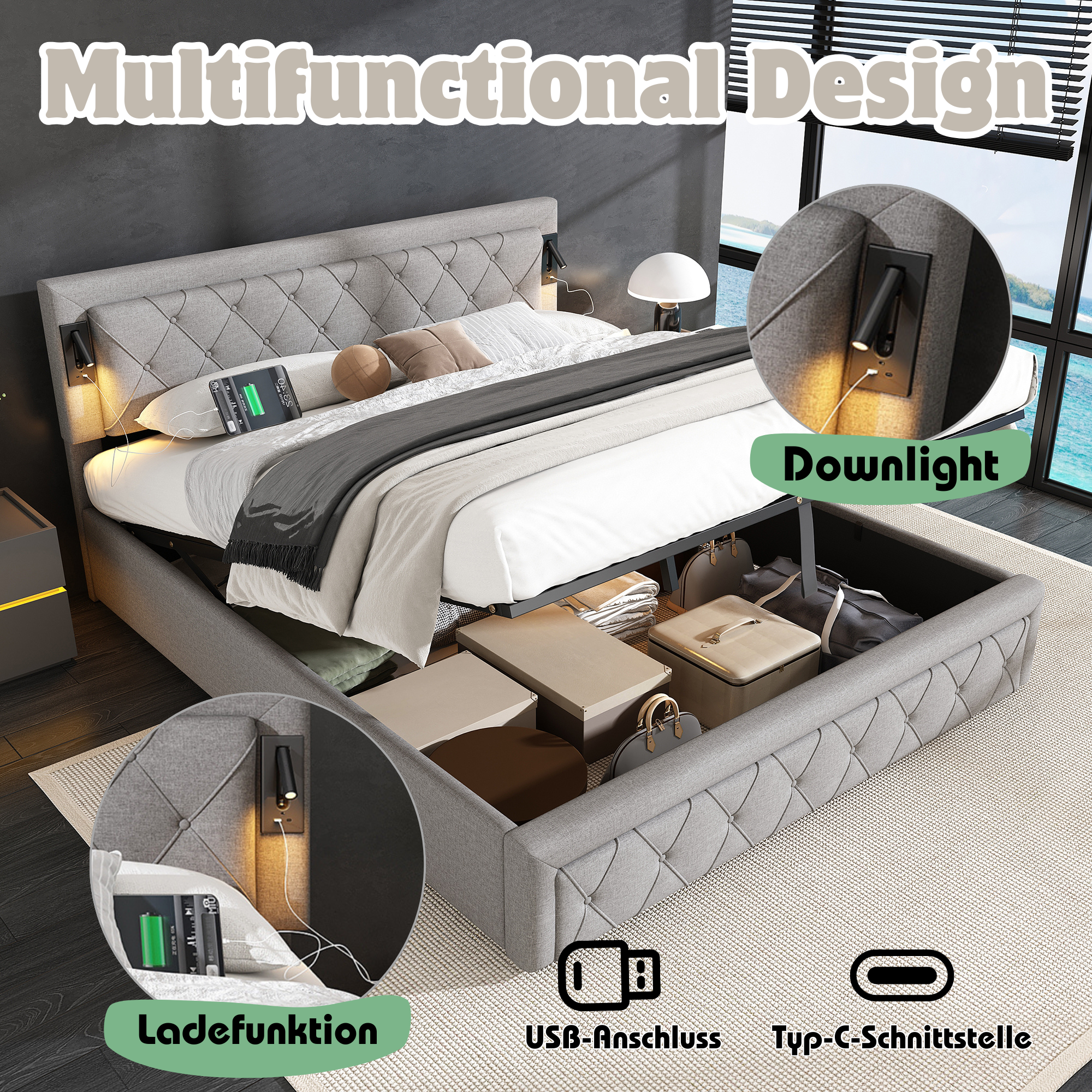 Logidon gestoffeerd bed 180x200 grijs linnen met inbouwspot en USB