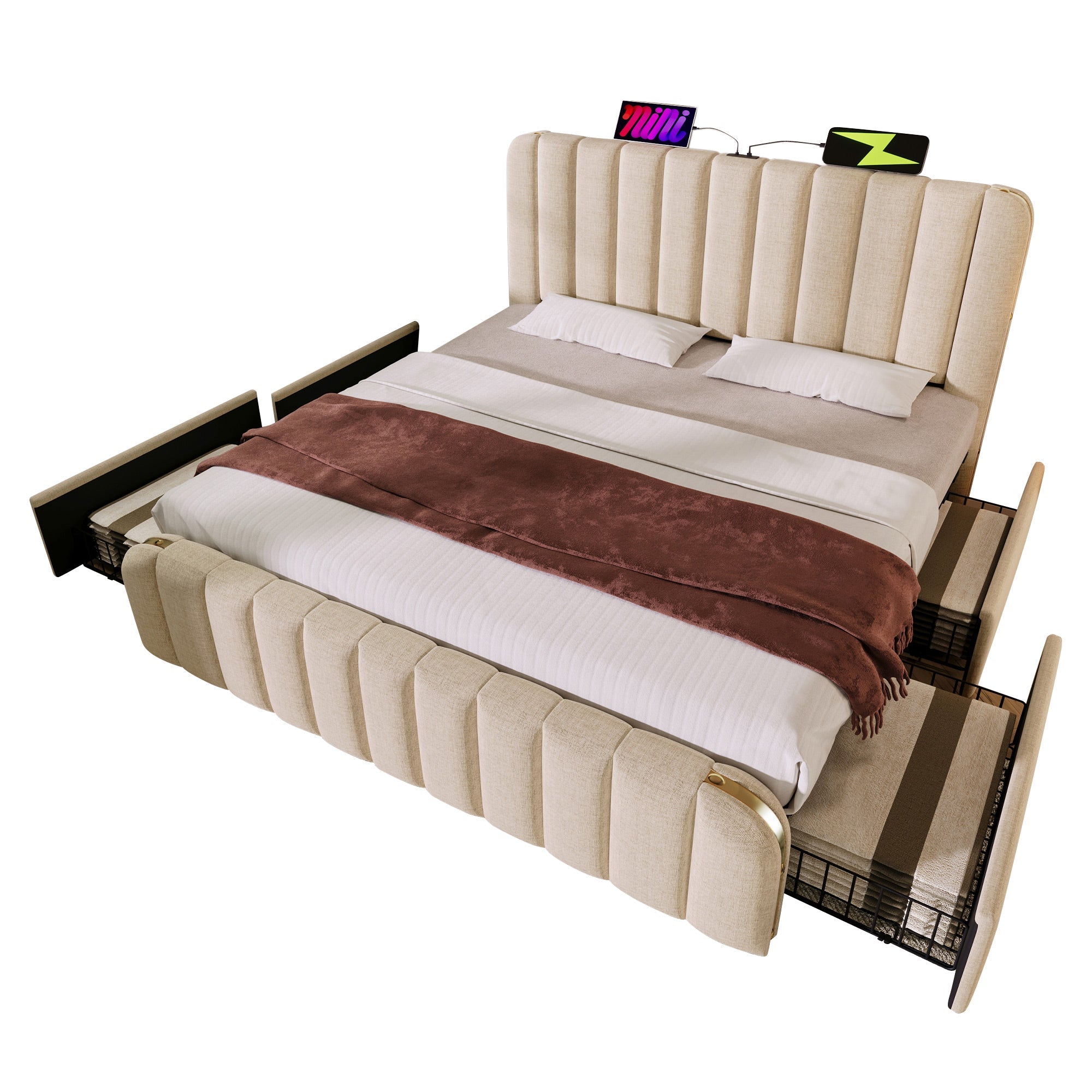 Logidon gestoffeerd bed 160x200 beige met USB oplaadfunctie en 4 lades