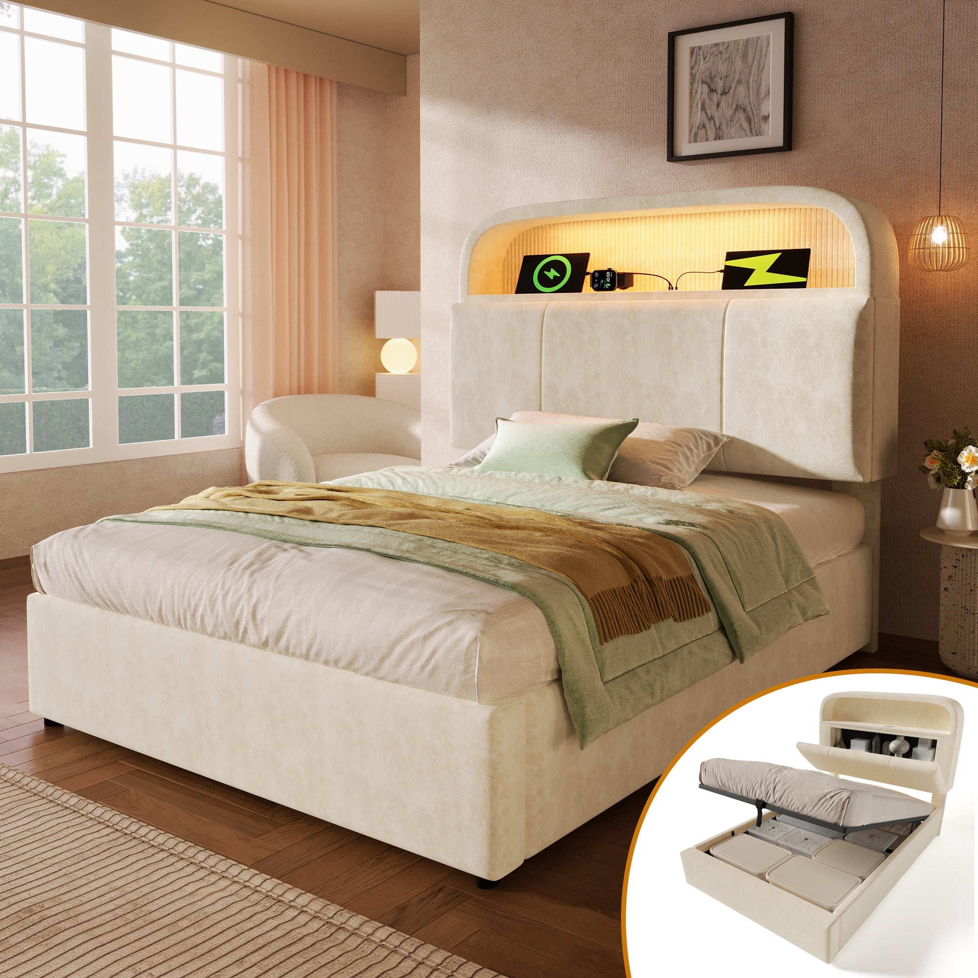 Logidon gestoffeerd bed 90x200 cm beige fluweel met opbergruimte hoofdbord, LED