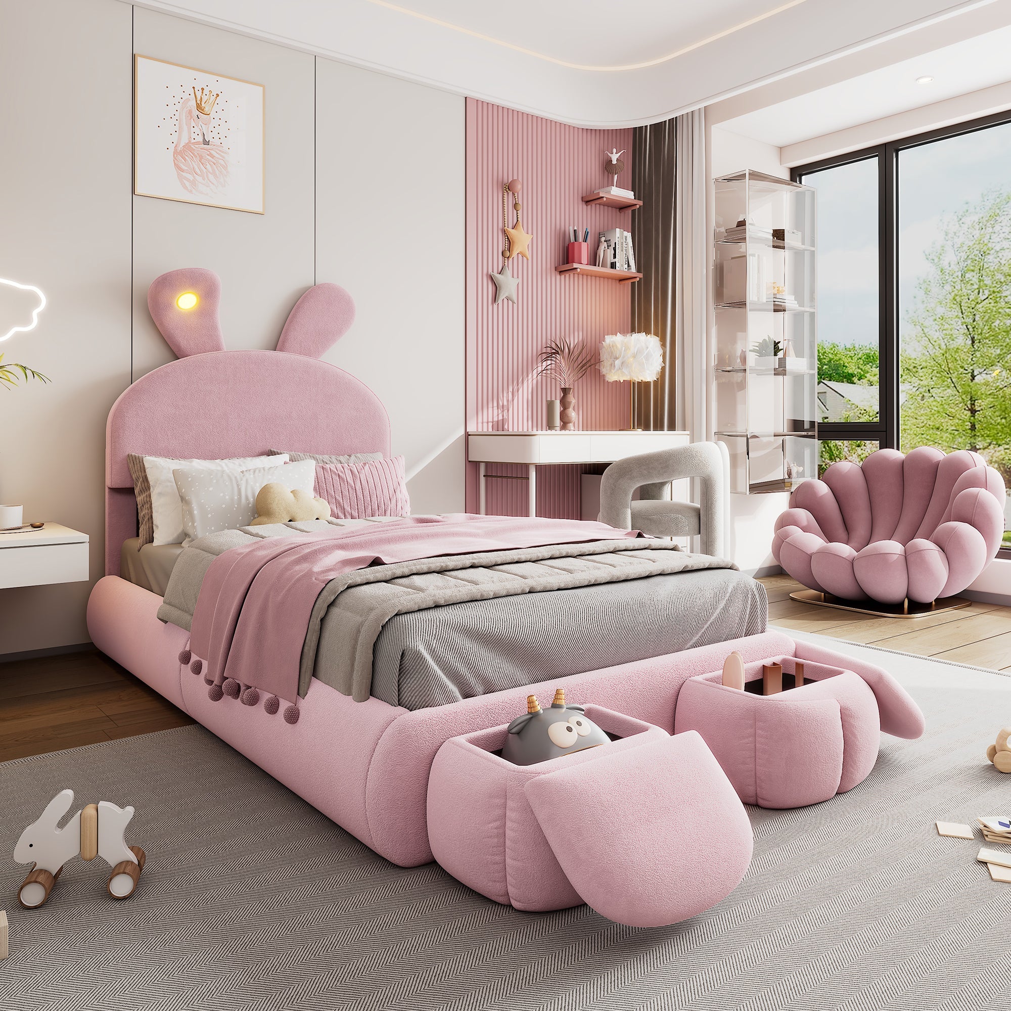 Logidon Upholstered Bed Rabbit Ears Pink 90x200 cm With Adjustable Brightness