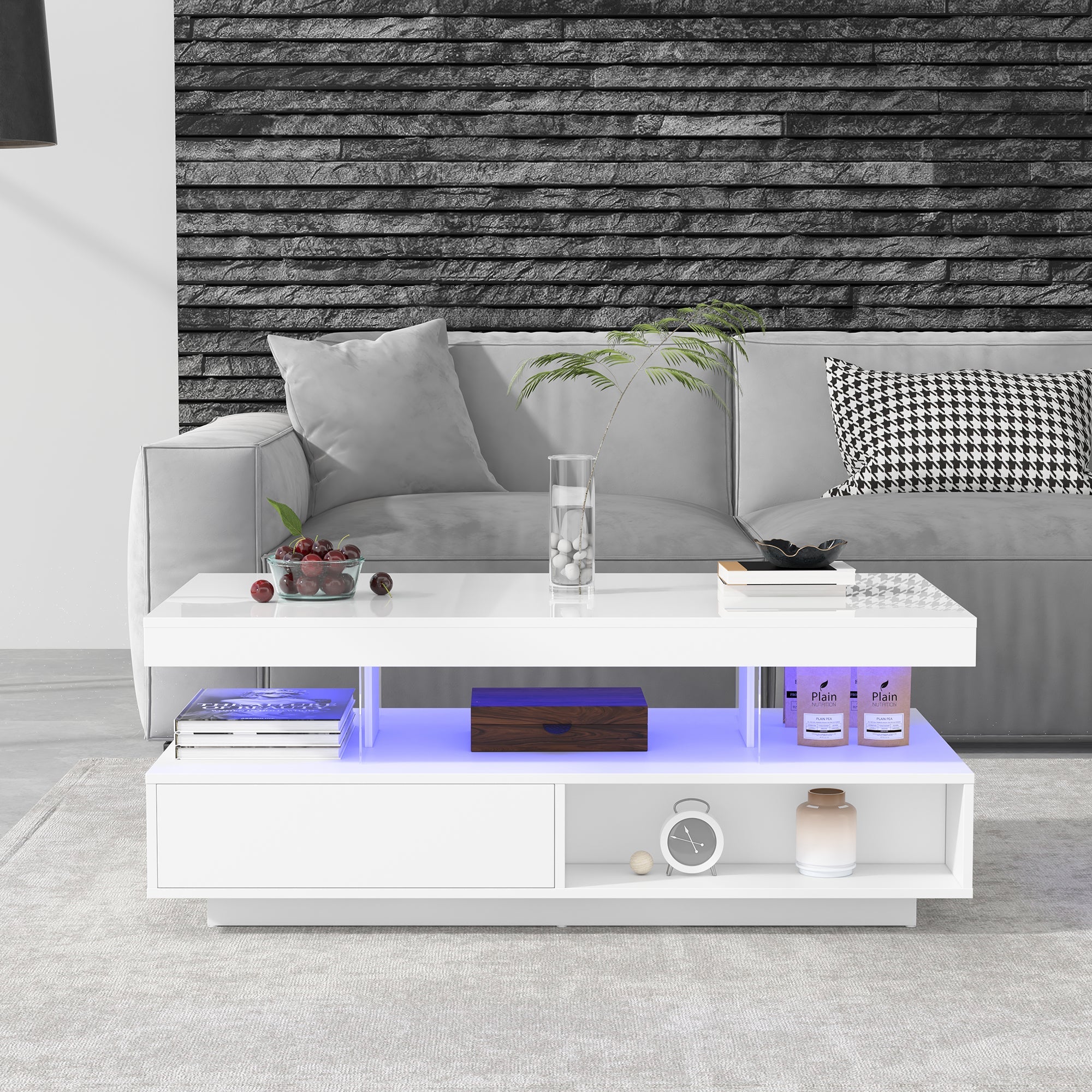 Logidon Witte Hoogglans Salontafel 95x50 cm Met Glazen Bladen