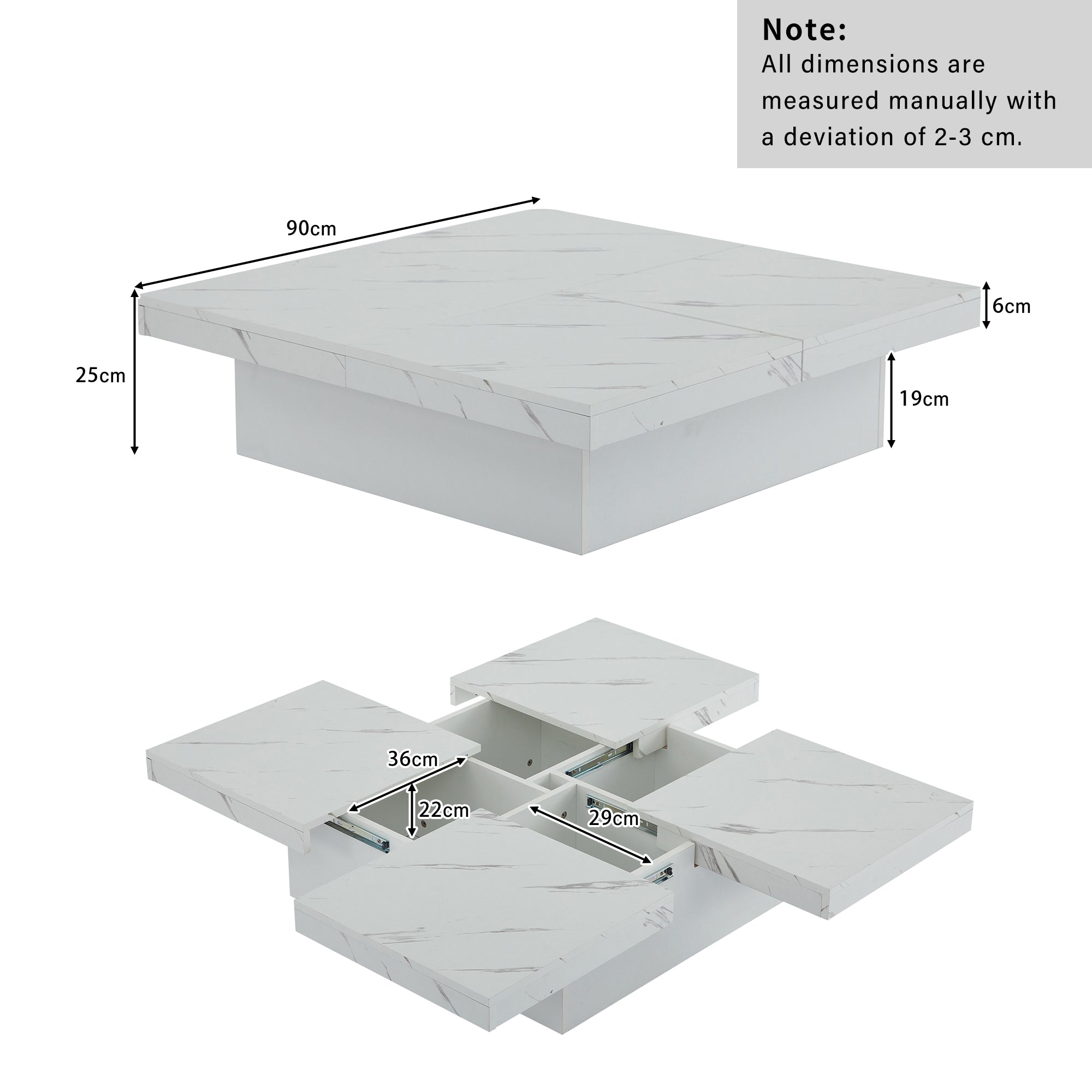 Logidon vierkante salontafel wit marmerlook 90x90x25 cm met lades