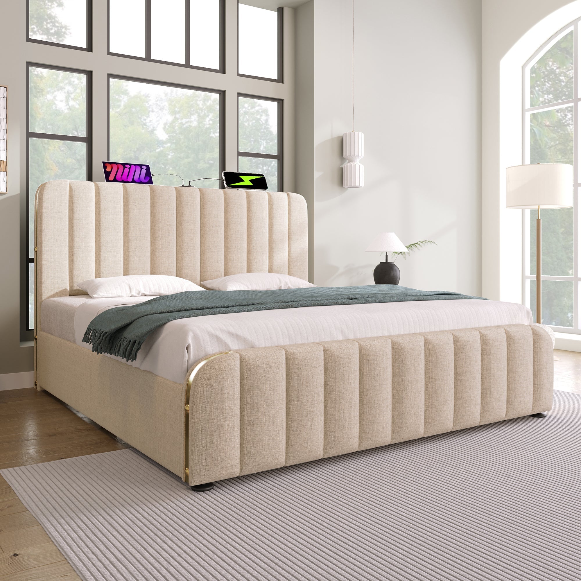 Logidon gestoffeerd bed 160x200 beige met USB oplaadfunctie en 4 lades