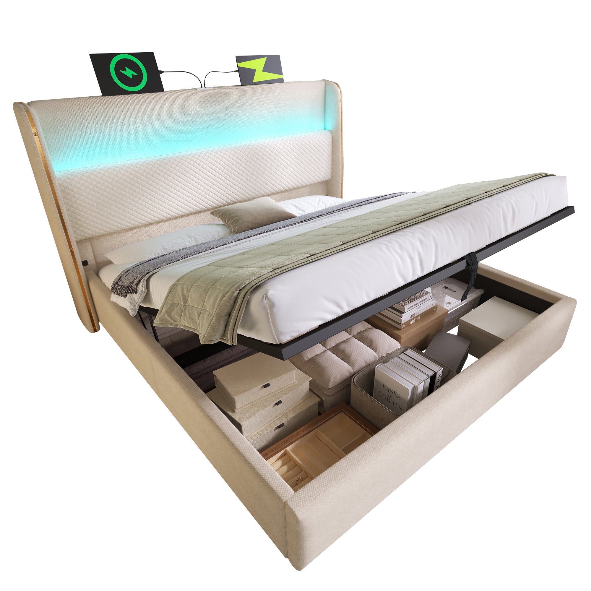 Logidon hydraulisch bed 140x200 beige linnenlook met LED