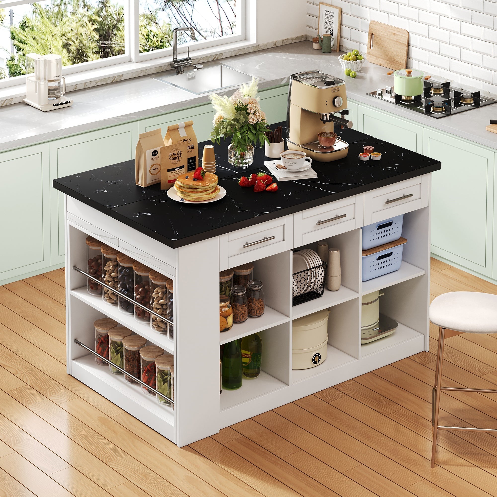 Logidon keukeneiland 150x96 cm wit met marmeren blad uitschuifbare eettafel
