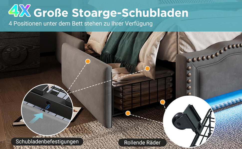 Logidon gestoffeerd bed 140x200 grijs fluweel met 4 lades en USB C