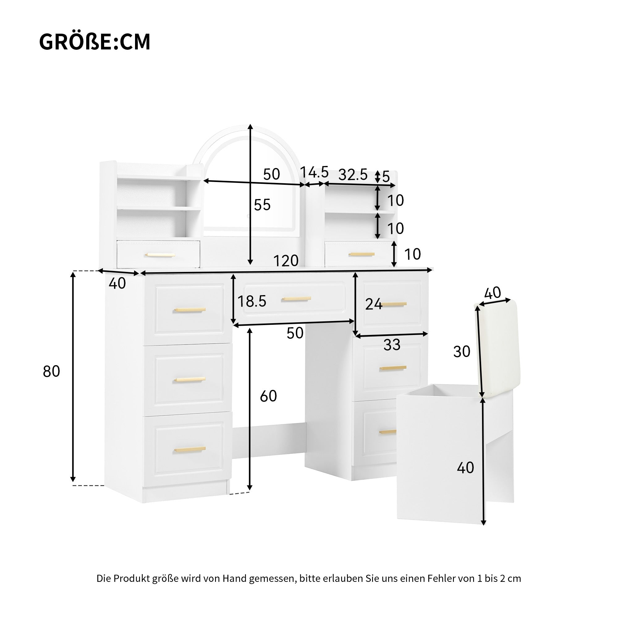 Logidon kaptafel met spiegel en LED-verlichting 9 lades wit 120x40x135