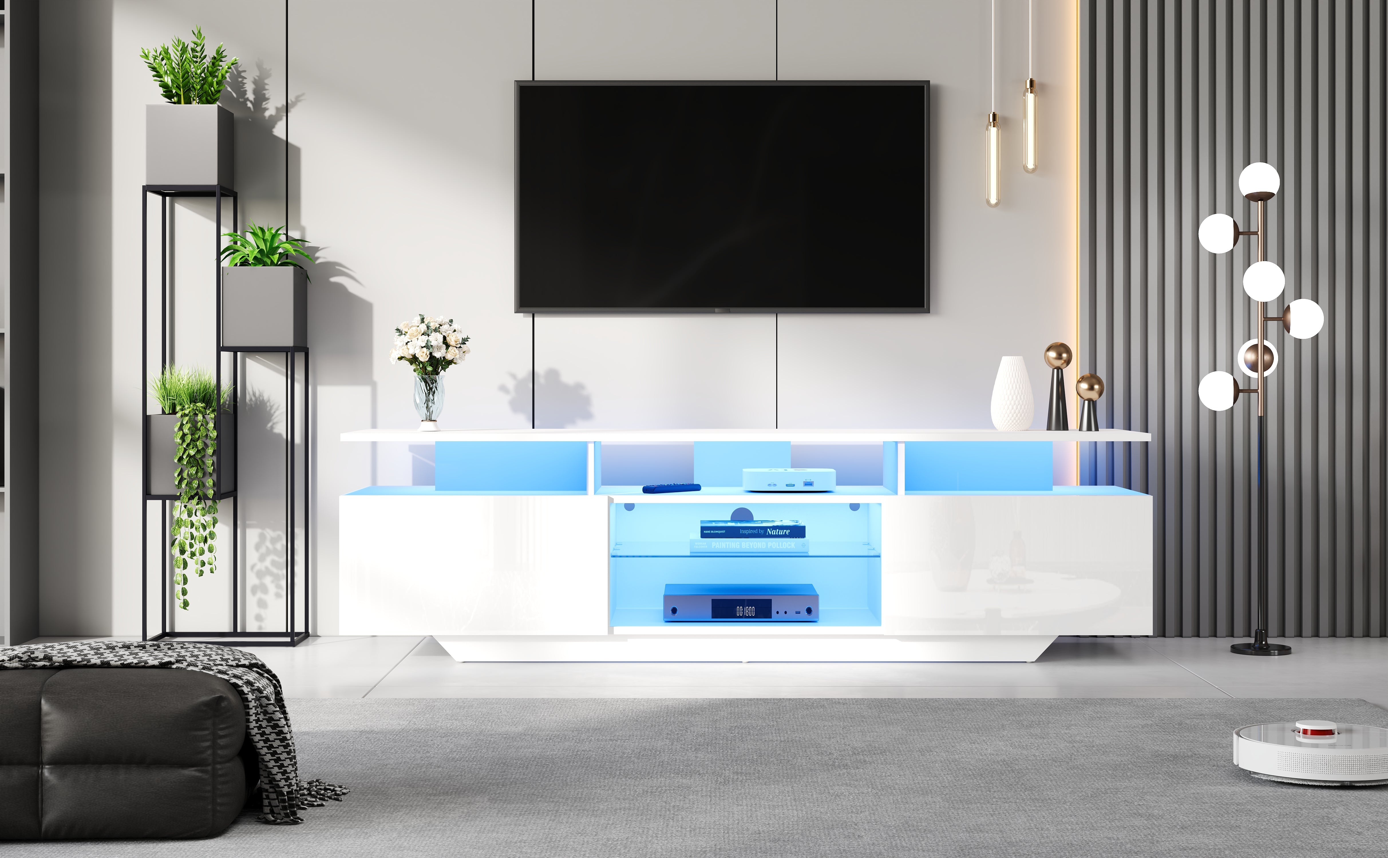 Logidon TV-meubel hoogglans wit 160 x 40 x 45 cm met LED lichtstrip glasplanken