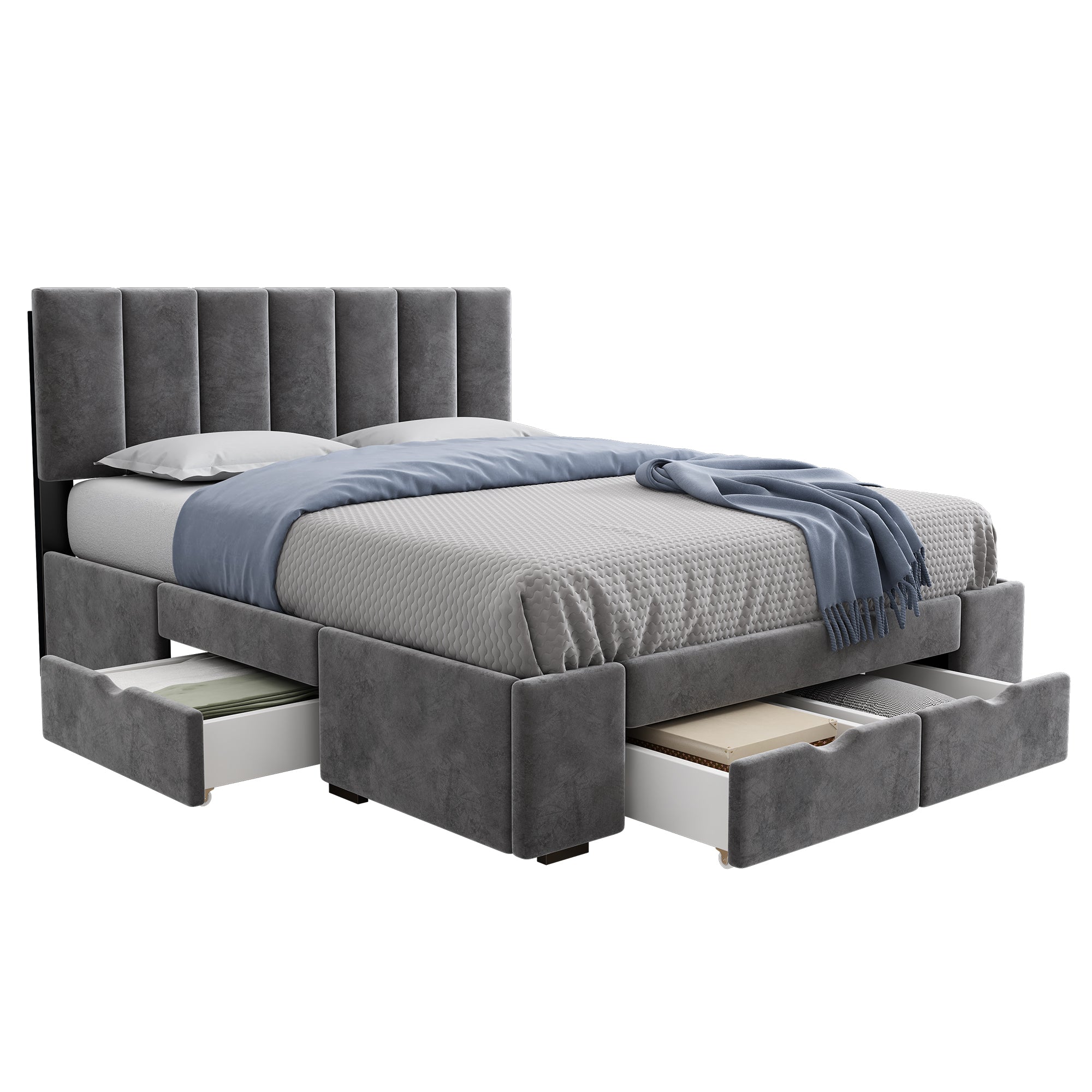 Logidon gestoffeerd bed 140x200 cm fluweelgrijs met lattenbodem 4 lades