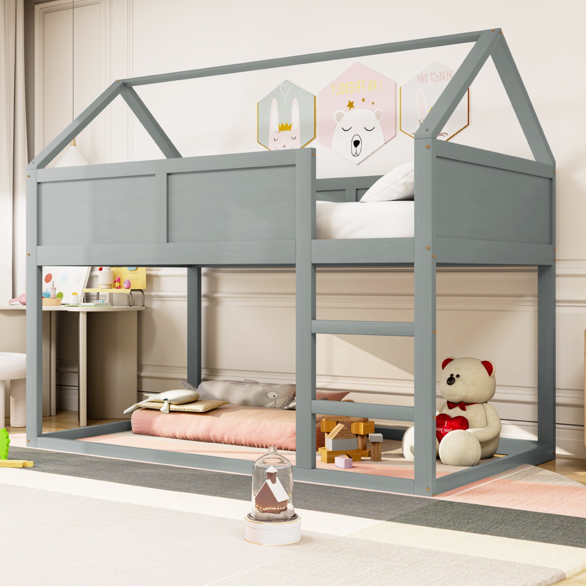 Logidon laag kinderbed 90x200 grijs met trap massief hout