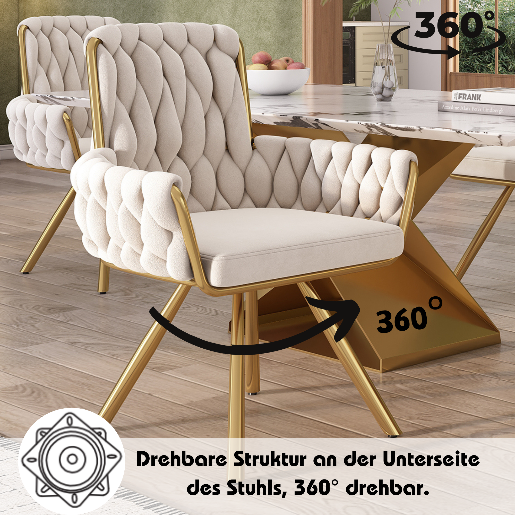 Logidon Luxe Velor Dining Table Chairs Set of 6 Beige Four-legged Swivel Chairs