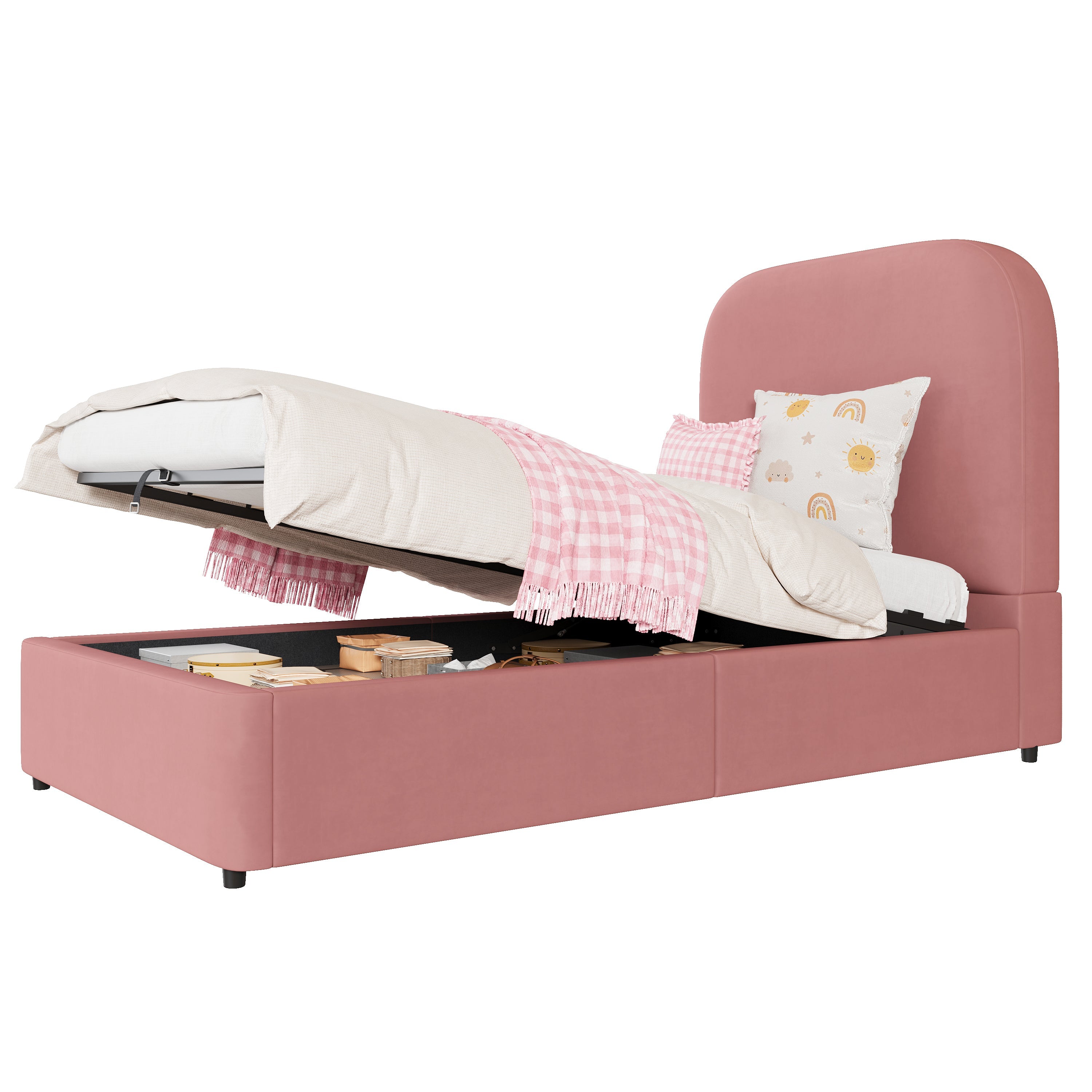 Logidon gestoffeerd bed 90x200 roze hydraulisch met opbergruimte fluweel