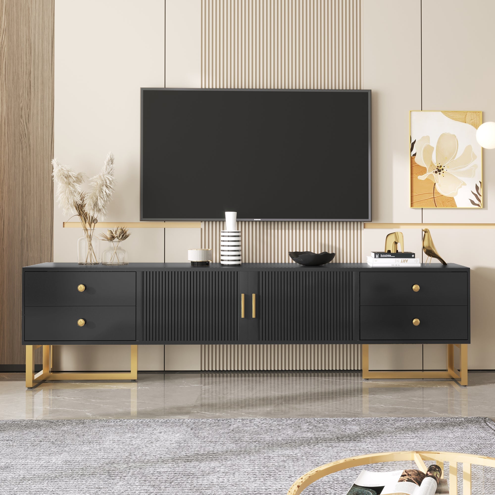 Logidon tv-meubel zwart met structuurdeur en gouden handgrepen