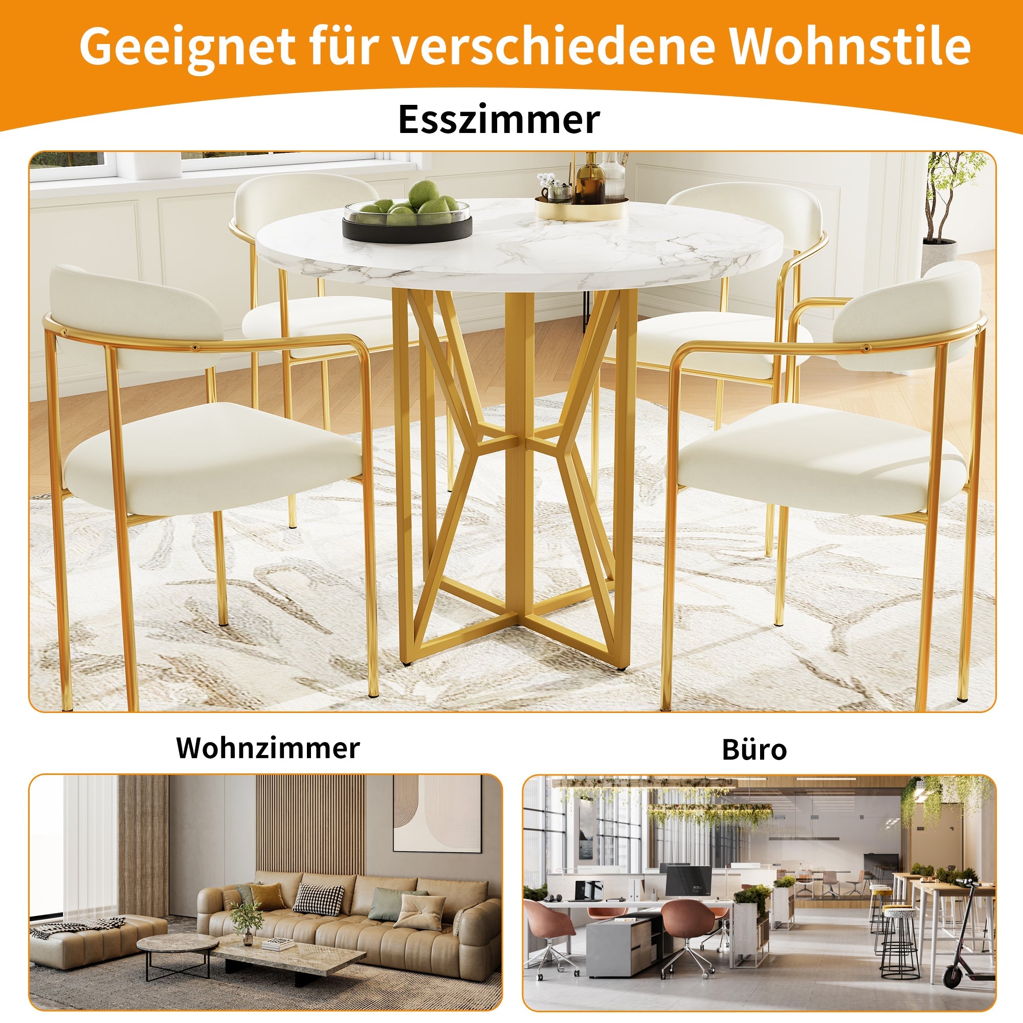 Logidon ronde eettafel 80x80 cm marmerlook gouden poten 4-6 personen