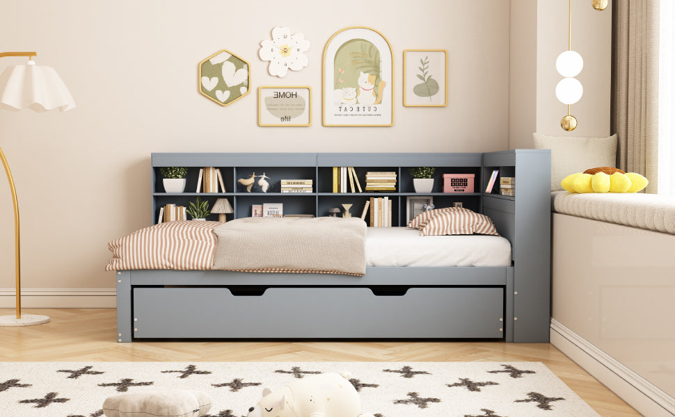 Logidon slaapbank 90x200 cm, uitschuifbaar bed 90x190, grijs