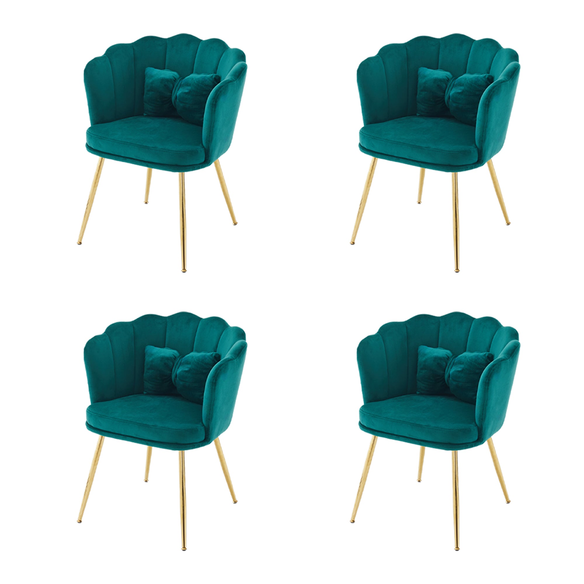 Logidon Set van 4 Fluwelen Stoelen Groen met Bladdesign en Gouden Poten