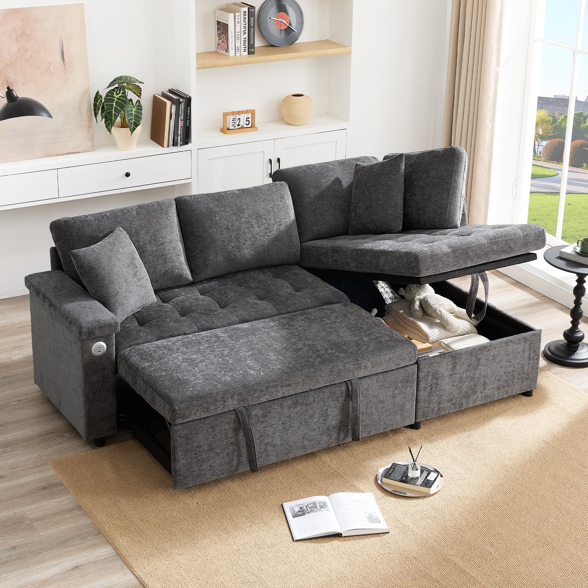 Logidon L-vorm slaapbank grijs fluweel chenille 209x130 cm opbergruimte