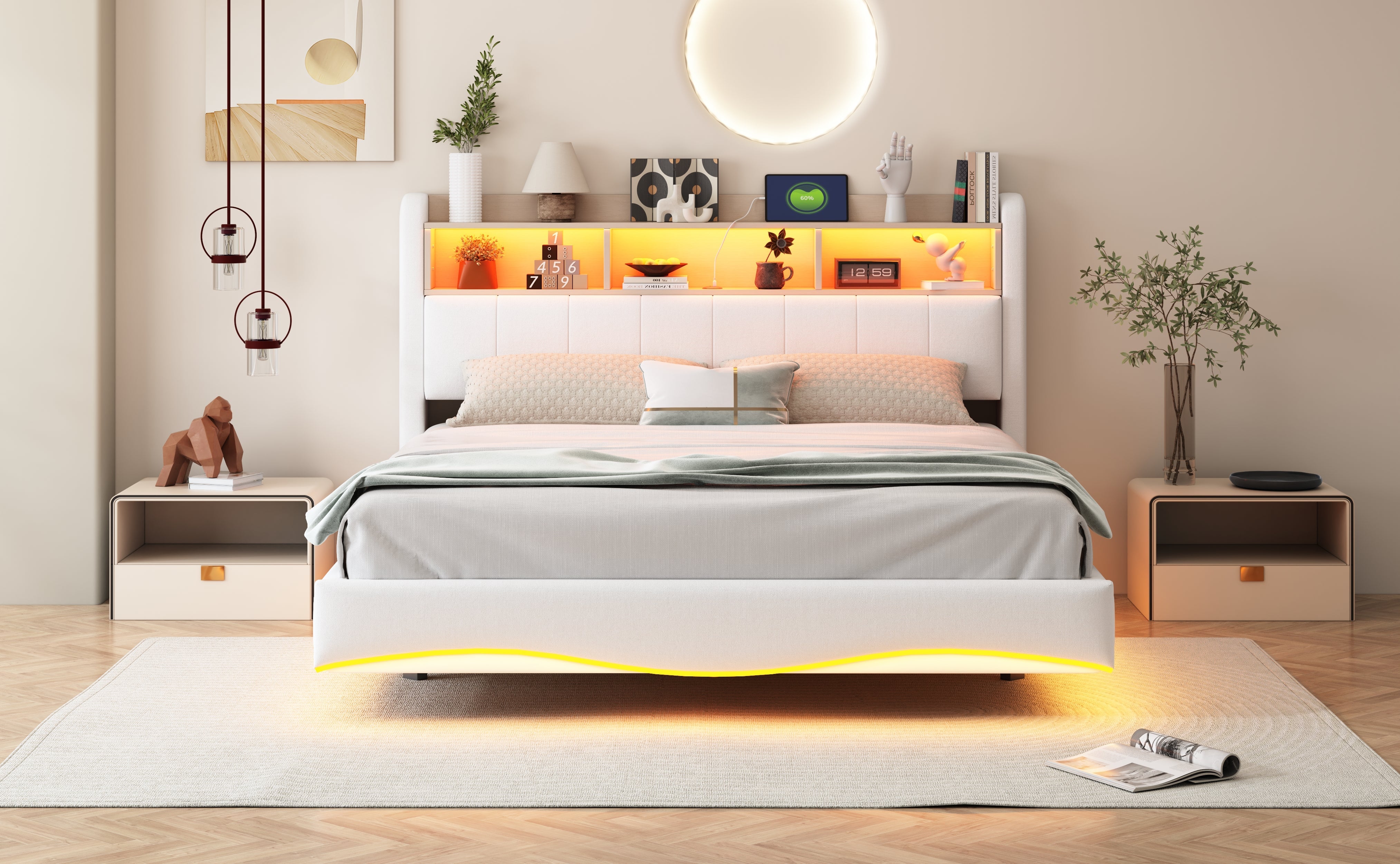 Logidon hangend gestoffeerd bed 160x200 beige met LED-licht USB C