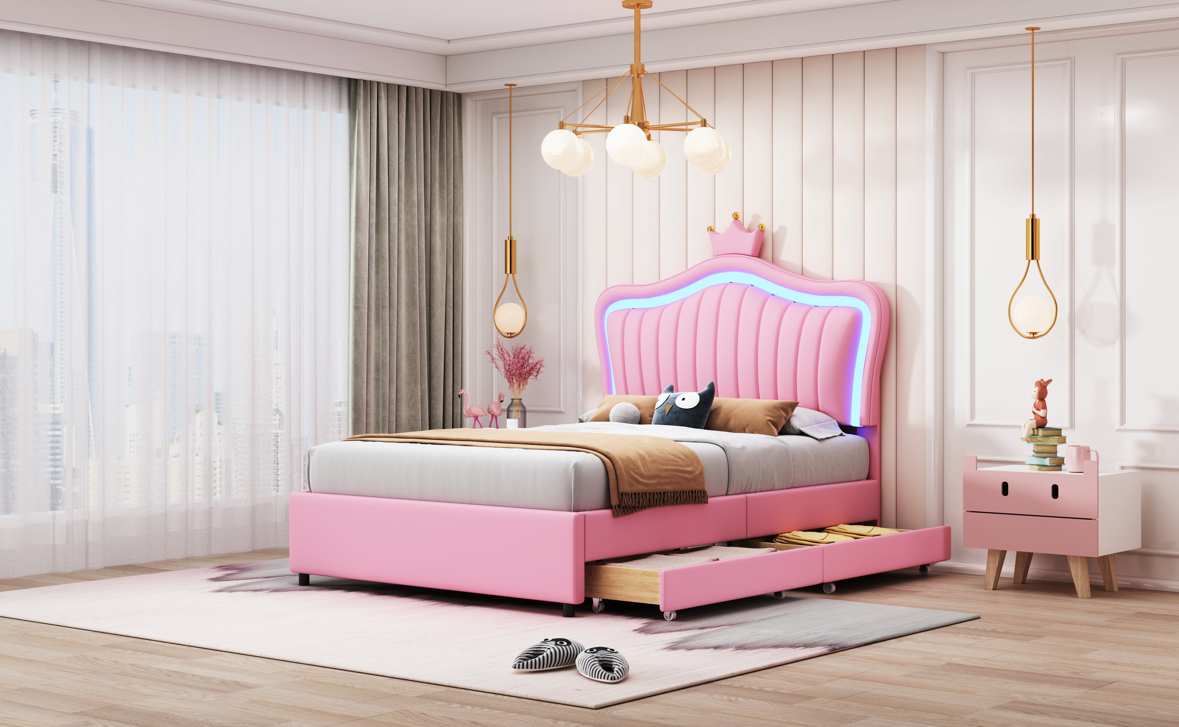 Logidon kinderbed roze 90x200 gestoffeerd bed met LED verlichting