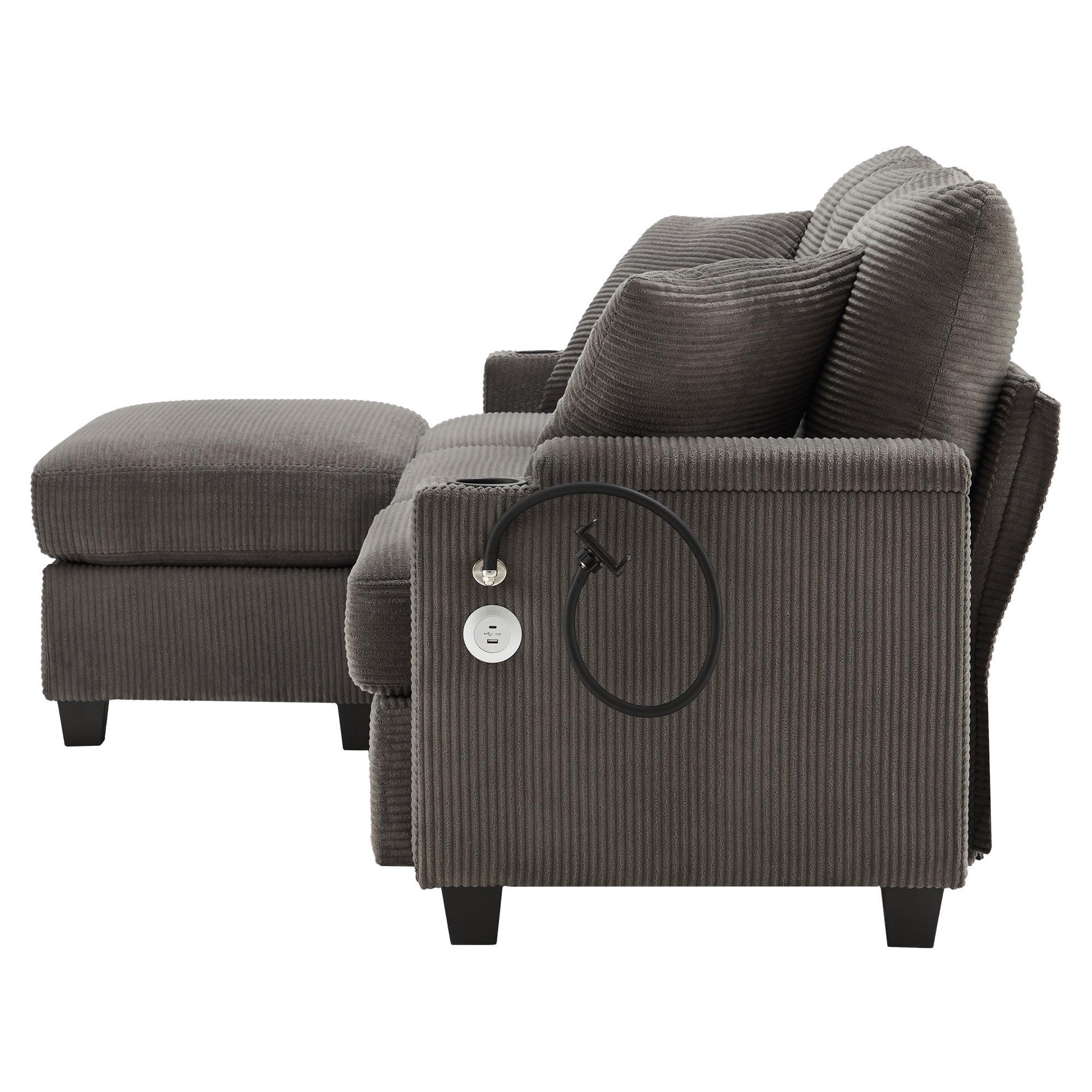 Logidon L-vorm Hoekbank Donkergrijs Corduroy Met USB-oplader