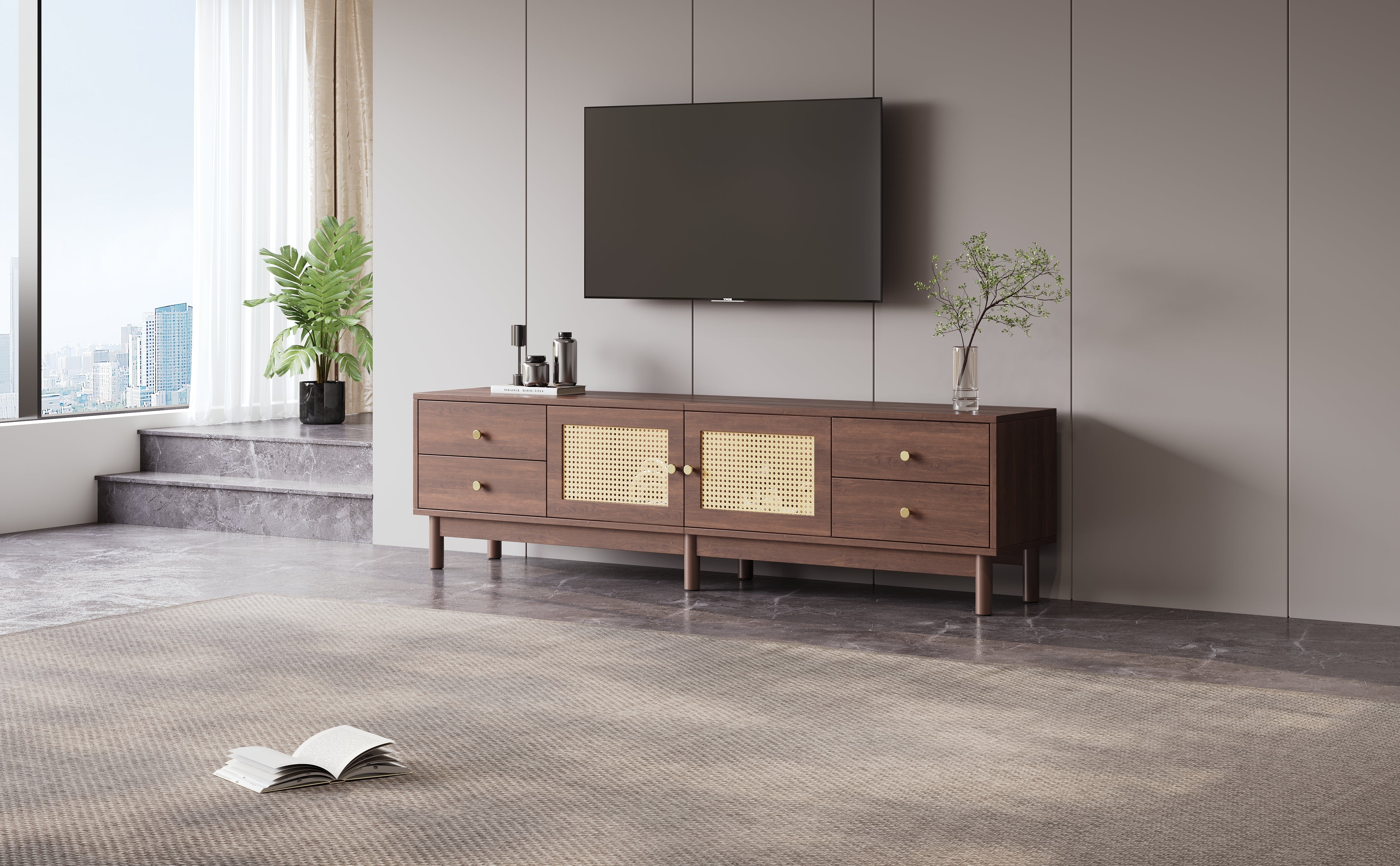 Logidon TV cabinet 180 cm dark wood look rattan doors cable management