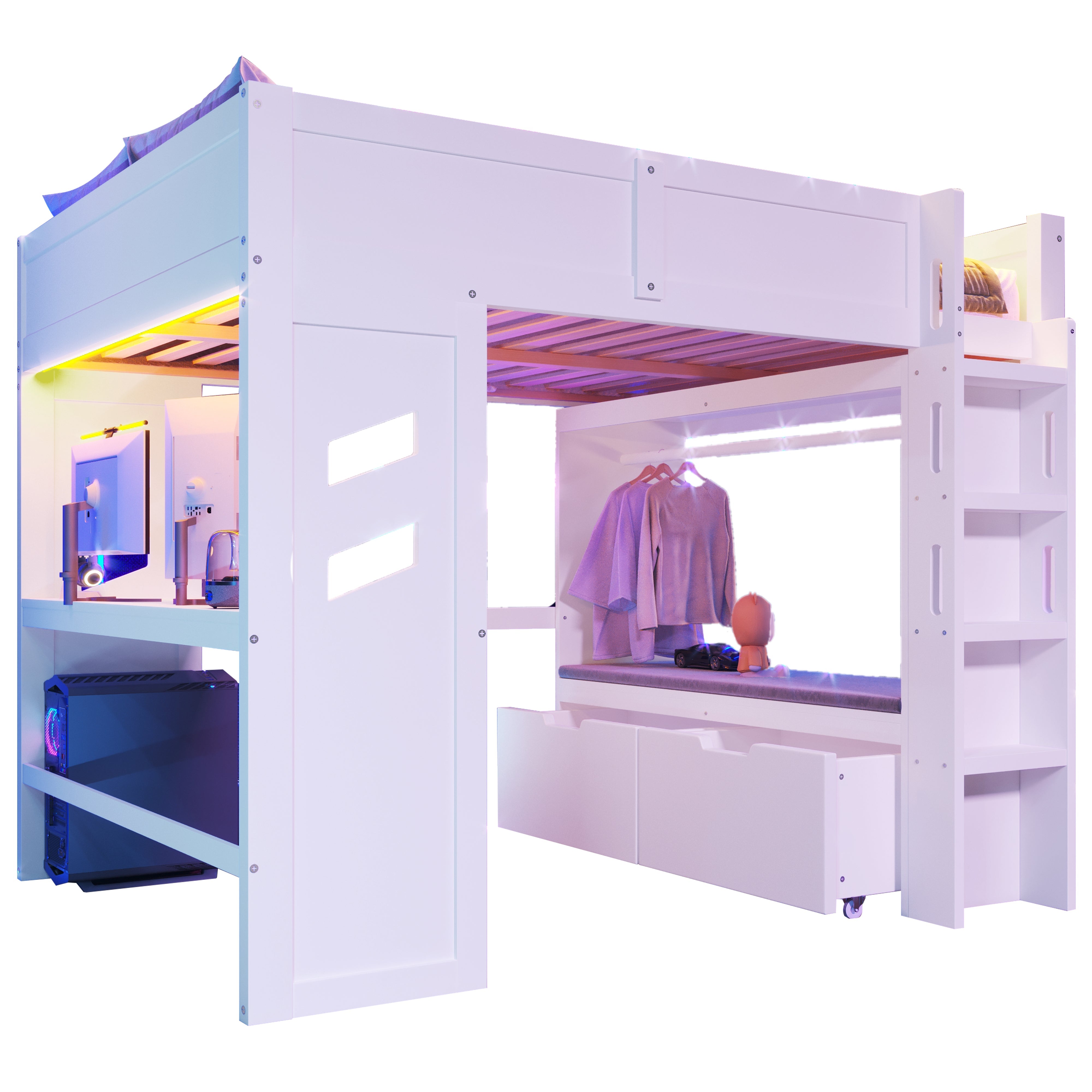 Logidon hoogslaper 140x200 cm wit gamingbed met bureau LED