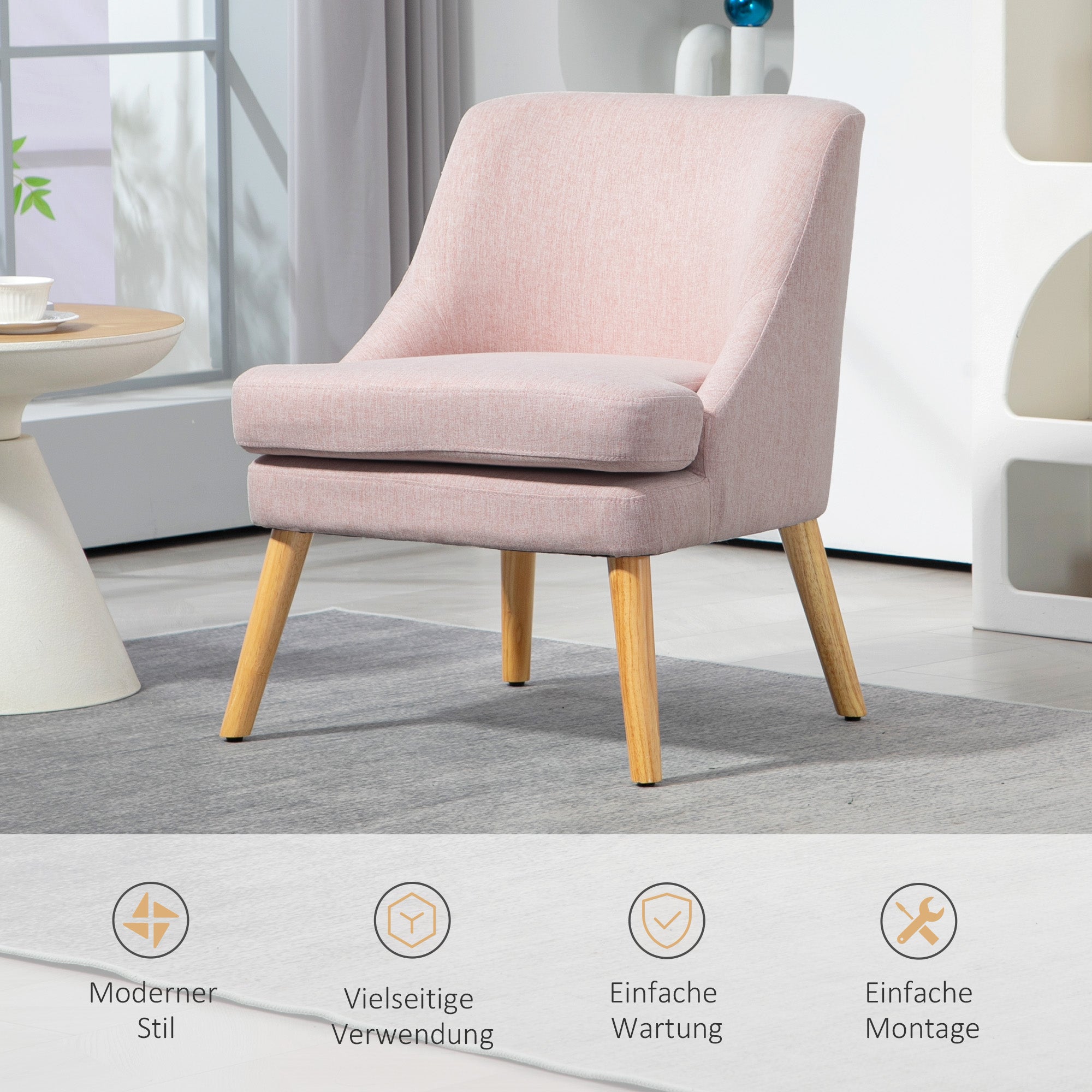 Logidon lounge chair pink linen look upholstered with wooden legs