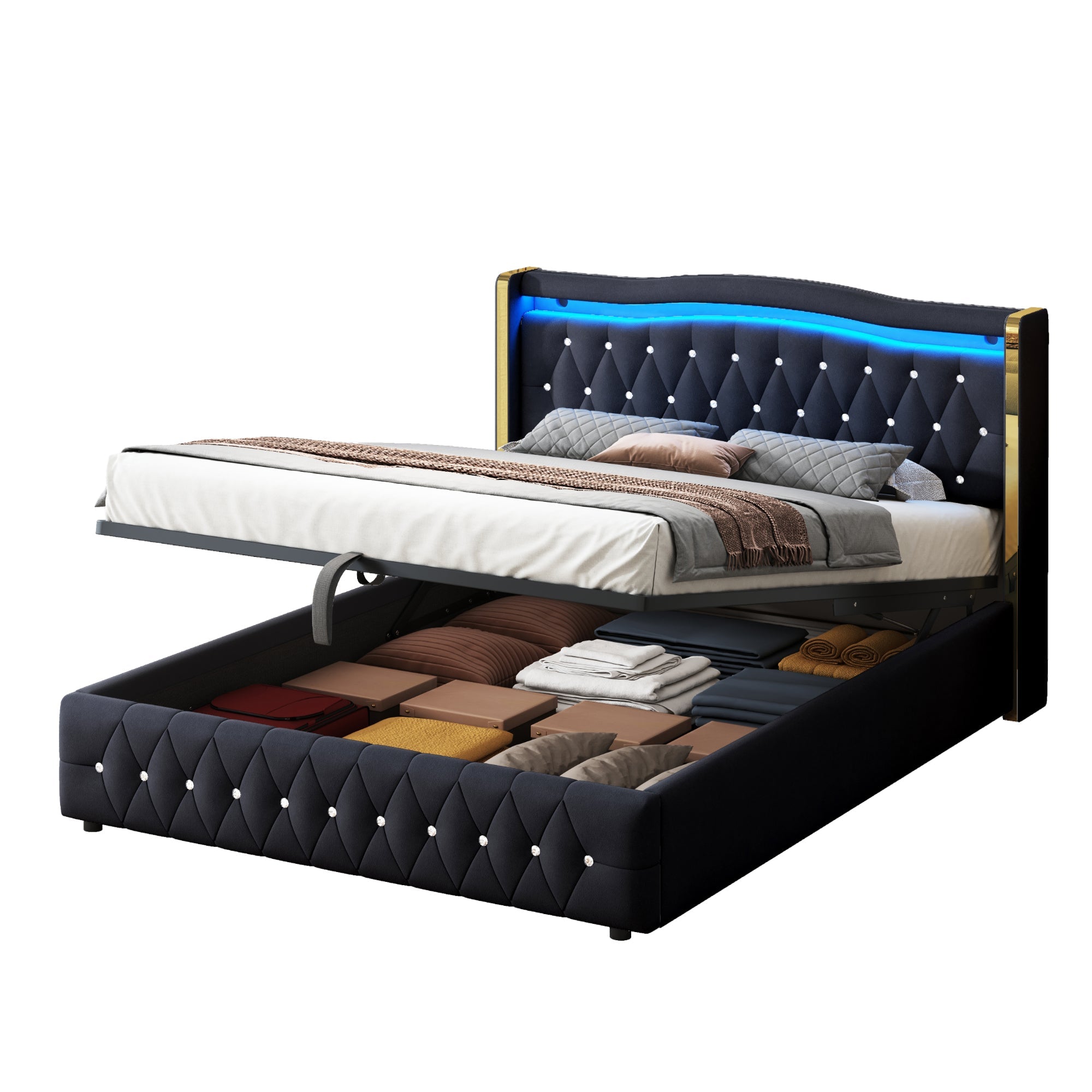 Logidon gestoffeerd bed 160x200 zwart fluweel stof met LED verlichting