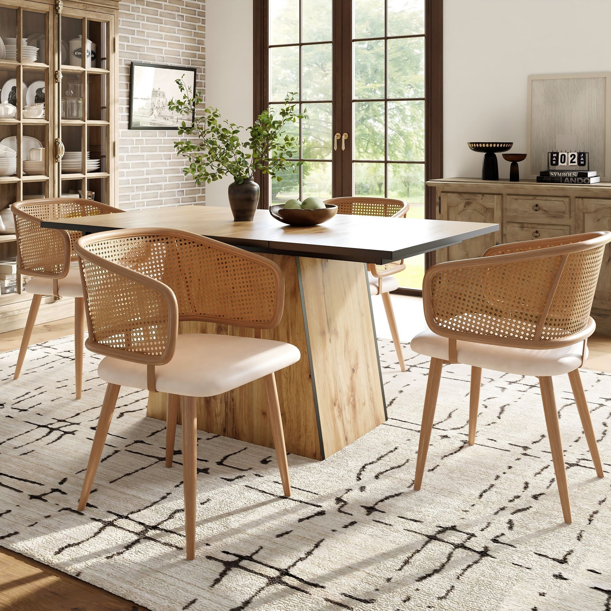 Logidon Stoelenset 6 Rotan Rugleuning PU-leer Zitkussen Beige
