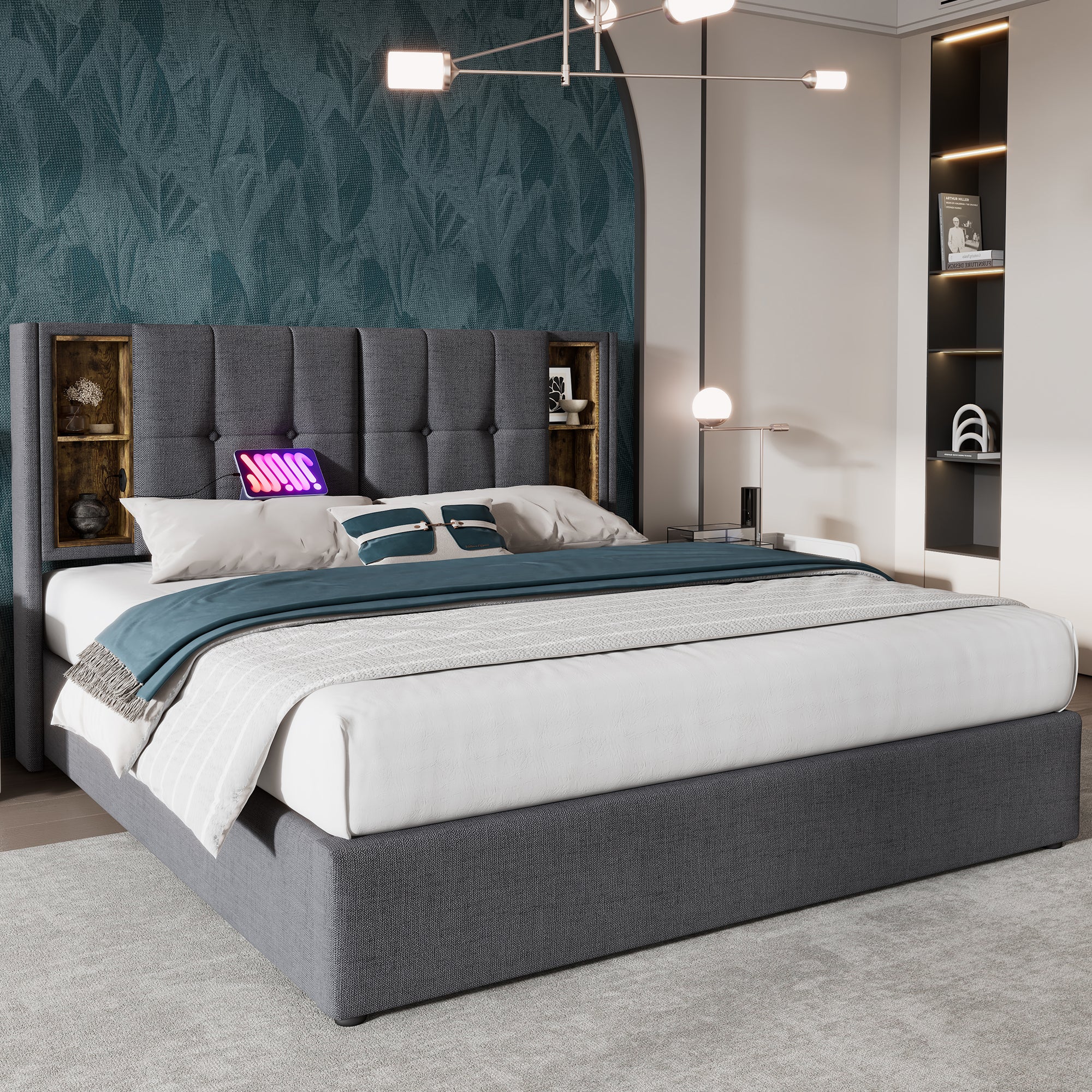Logidon tweepersoonsbed 160x200 cm met draadloos opladen USB C gestoffeerd bed