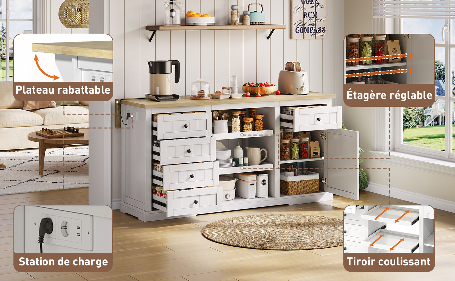 Logidon dressoir keukeneiland wit houten blad 5 laden 150x65x75 cm