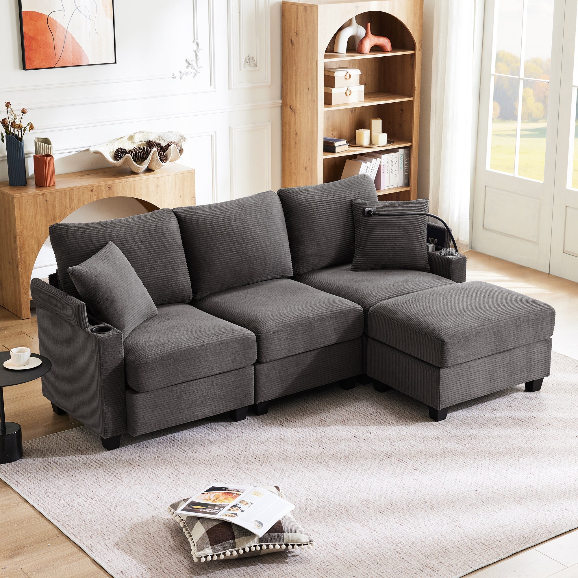 Logidon L-vorm Hoekbank Donkergrijs Corduroy Met USB-oplader