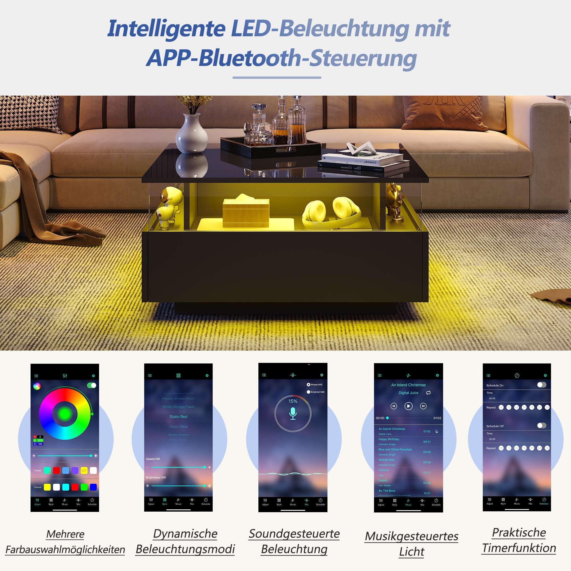 Logidon hoogglans LED salontafel 90x55x45 cm zwart 2 lades