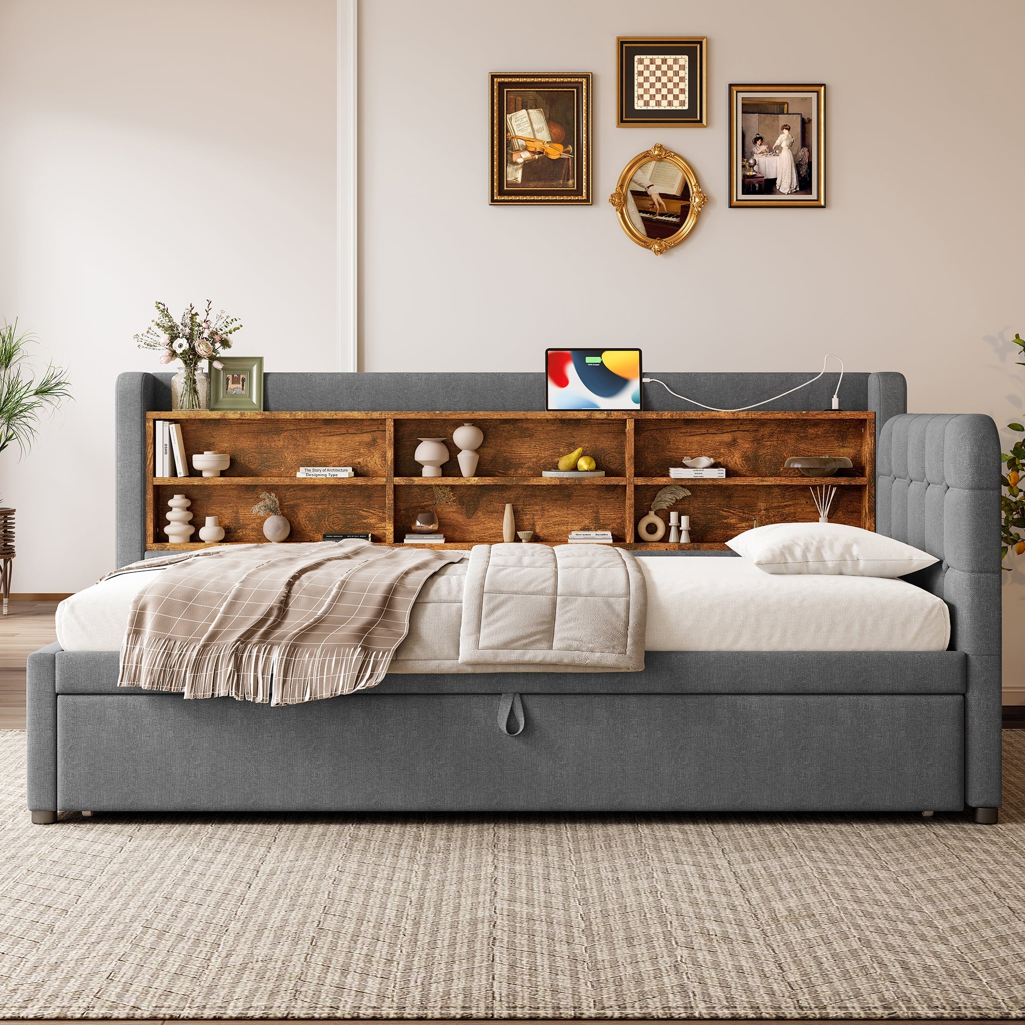 Logidon Daybed 90x200cm grijs linnen uitschuifbare slaapbank USB Type C