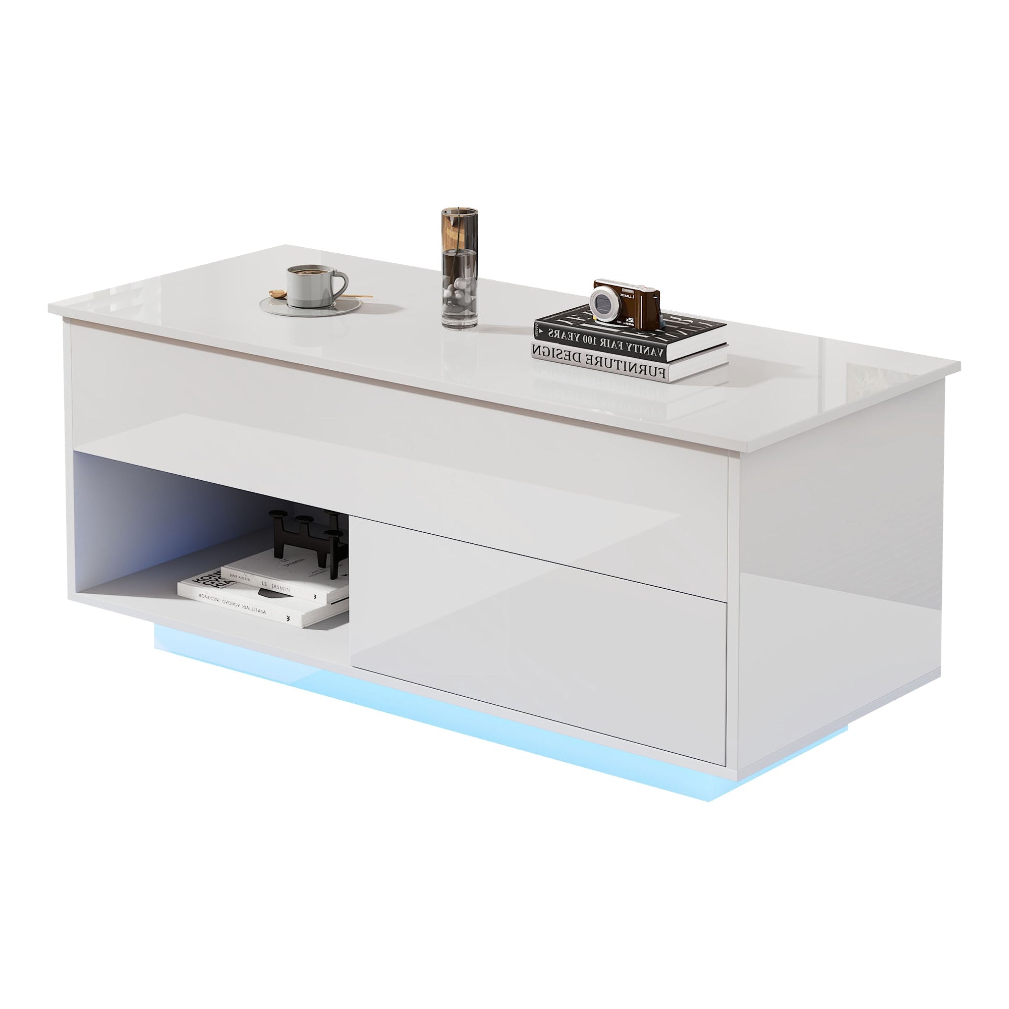 Logidon hoogglans hefsalontafel 100 x 50 cm witte LED-verlichting