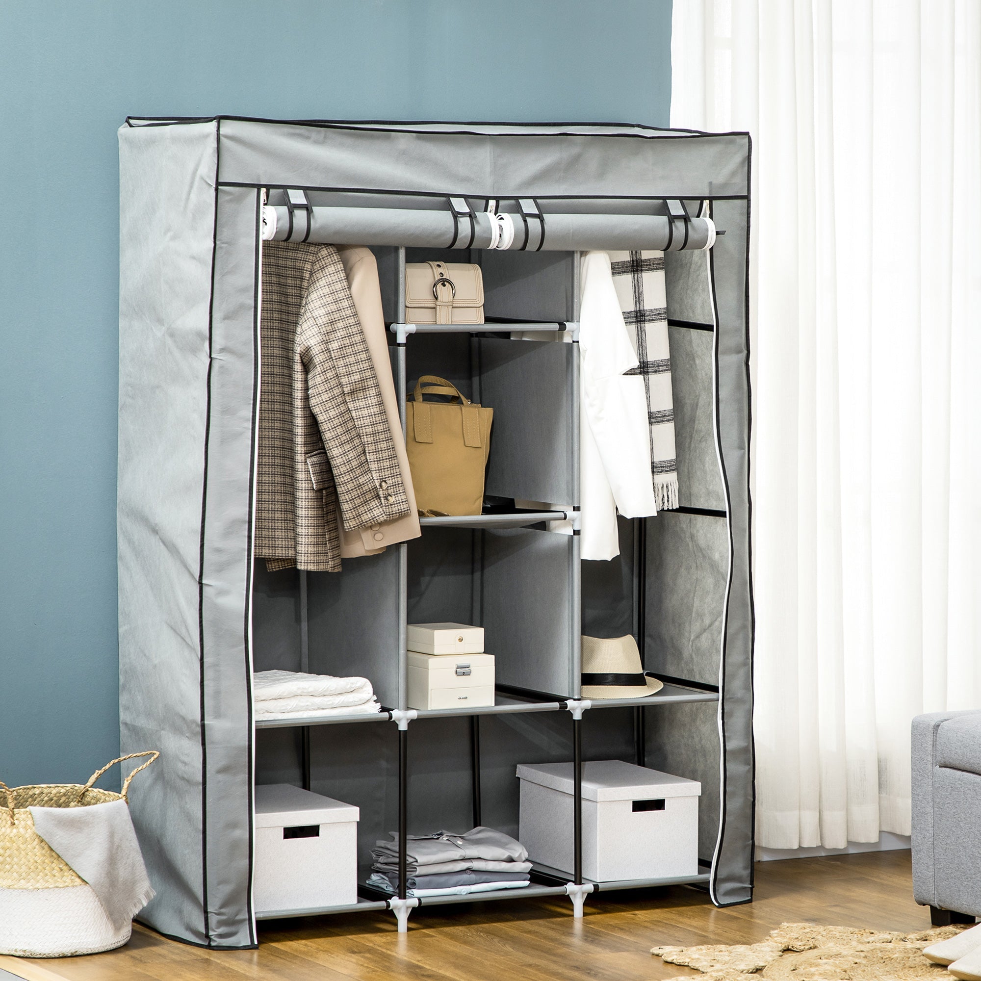 Logidon fabric wardrobe light gray 125x43x162 with clothes rails 8 levels