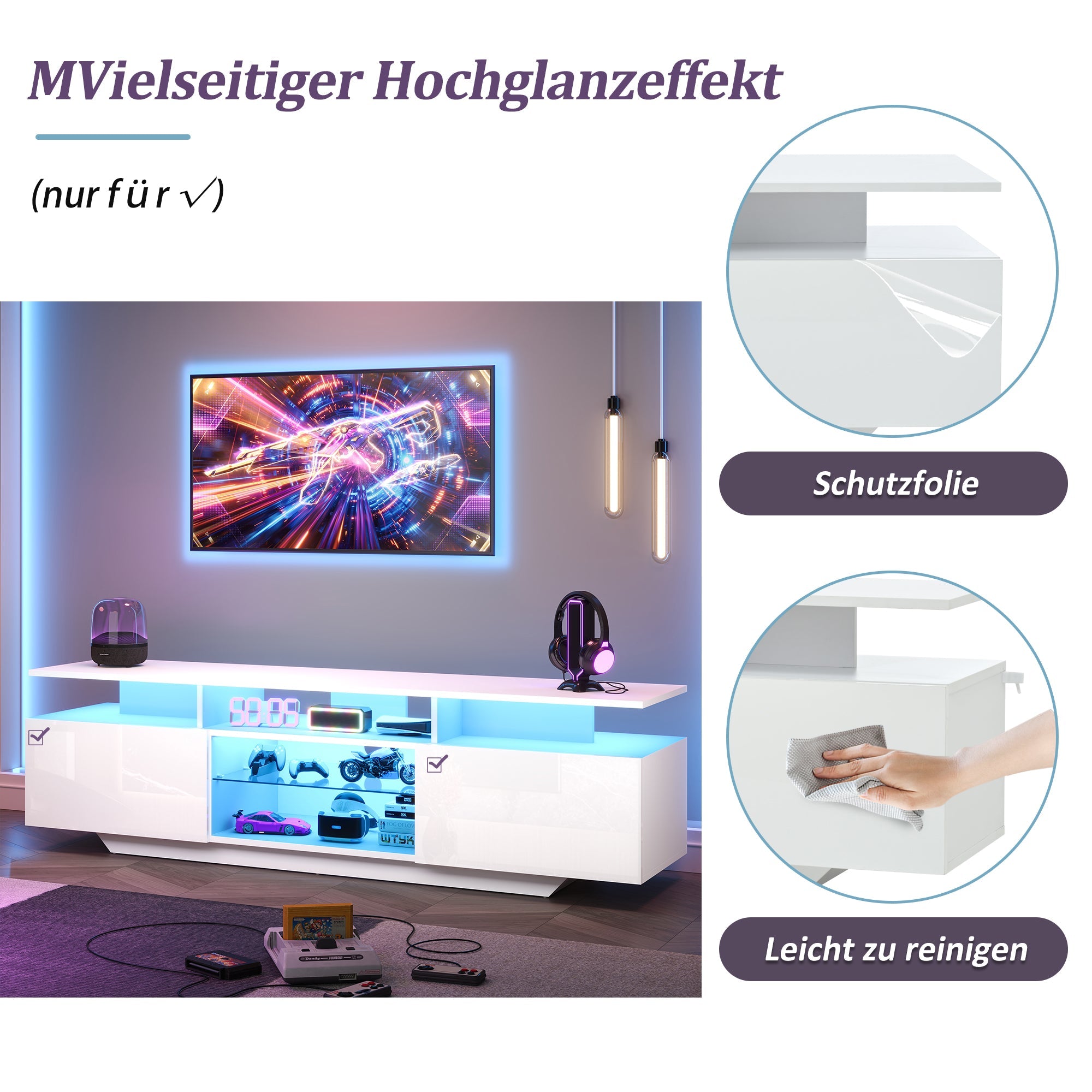 Logidon TV-meubel hoogglans wit 160 x 40 x 45 cm met LED lichtstrip glasplanken