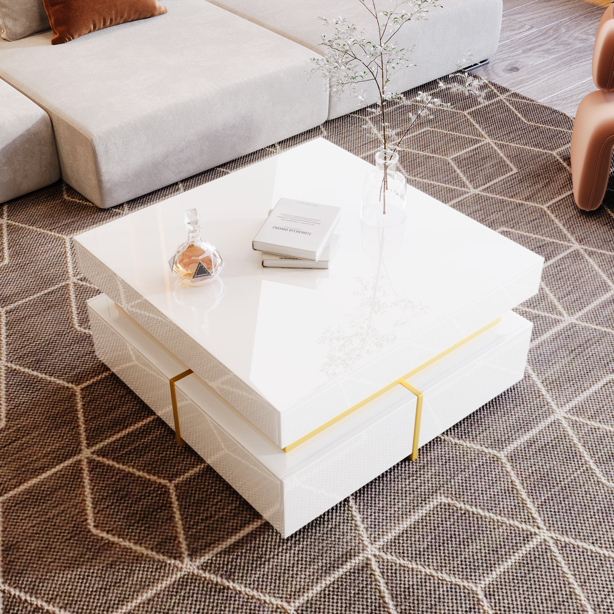 Logidon high gloss coffee table with drawers and gold accents