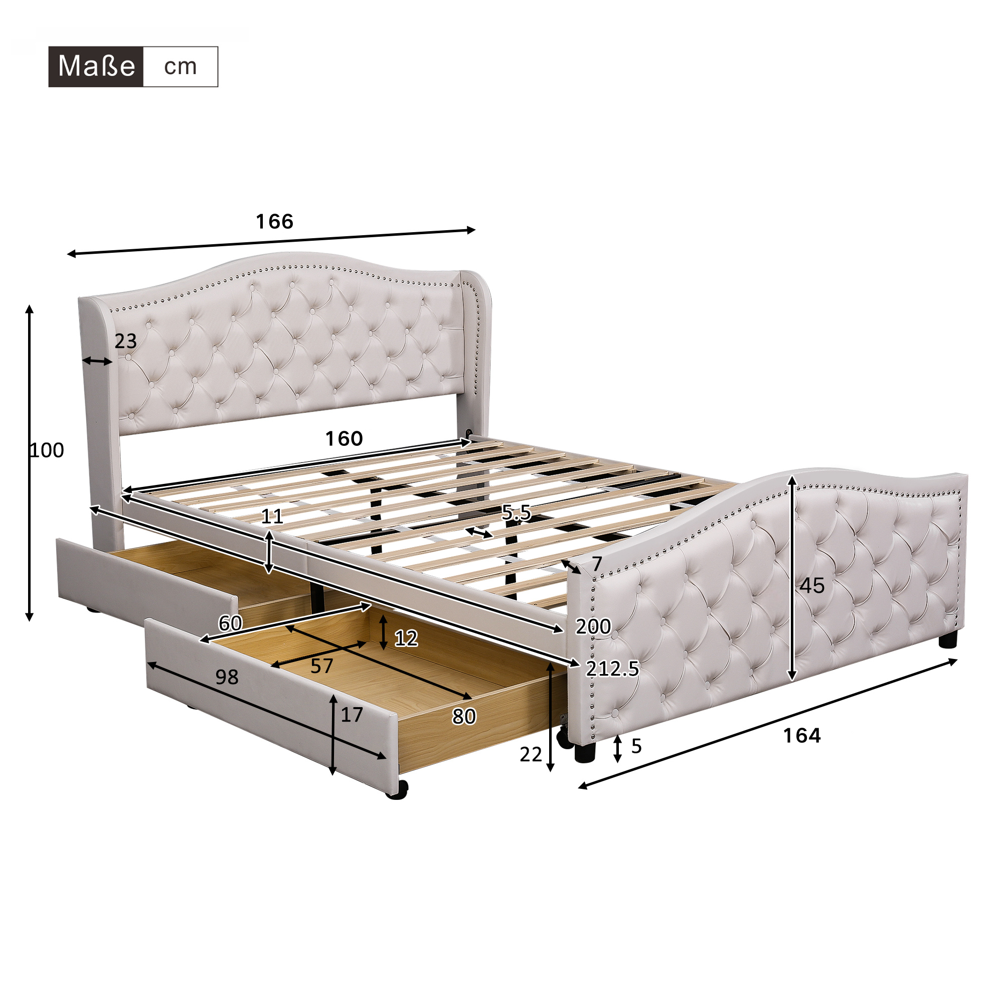 Logidon gestoffeerd bed 160x200 cm wit met lattenbodem en 2 lades