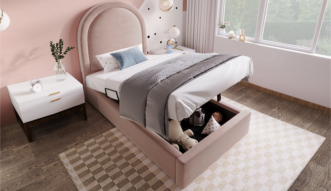 Logidon gestoffeerd bed kinderbed roze 90x200 cm met matras