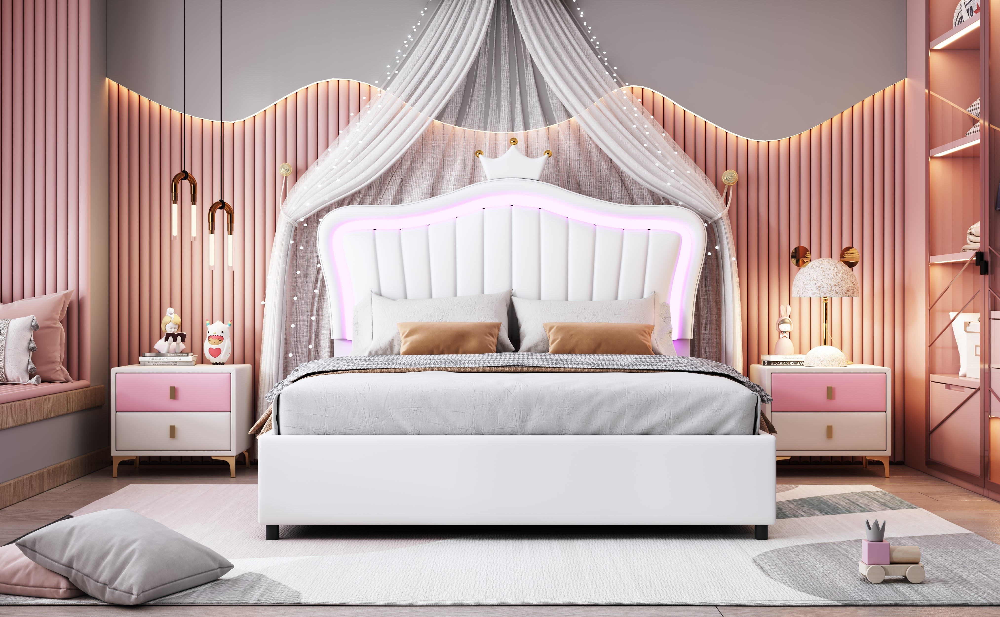 Logidon kinderbed 140 x 200 cm gestoffeerd bed met opbergruimte LED wit