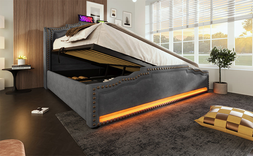 Logidon gestoffeerd bed 160x200 grijs fluweel met opbergruimte LED USB C