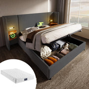 Logidon gestoffeerd bed 160x200 met USB C oplaadfunctie grijs linnen