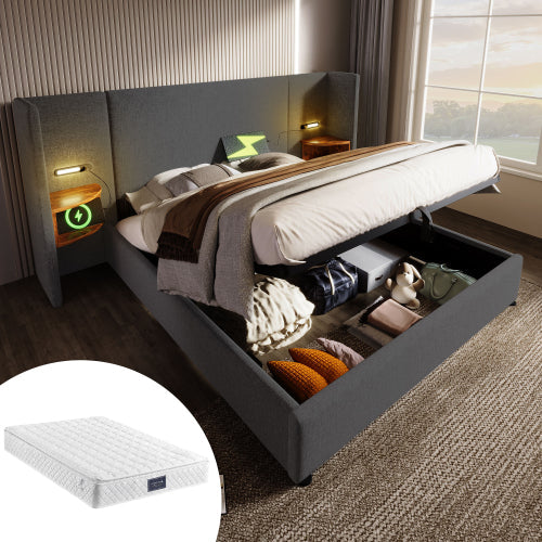 Logidon gestoffeerd bed 160x200 met USB C oplaadfunctie grijs linnen