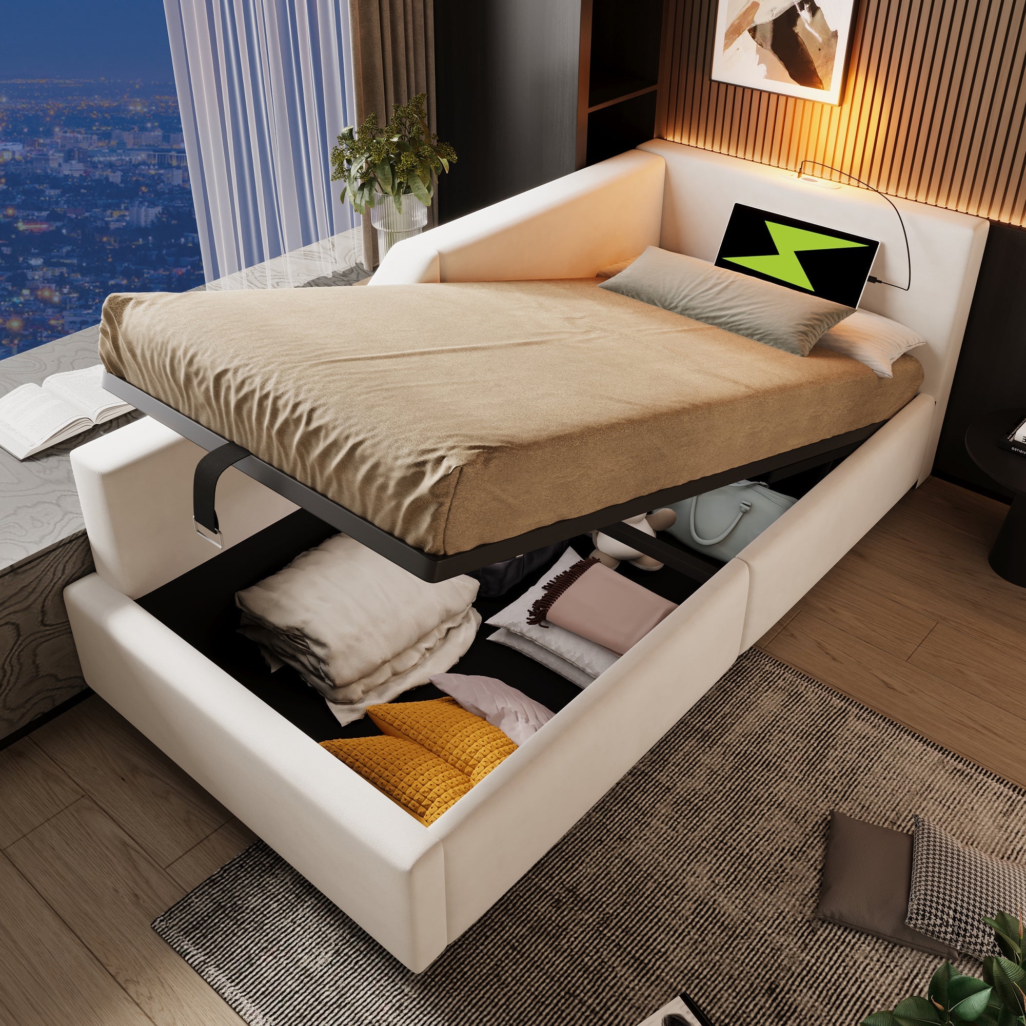 Logidon gestoffeerd bed 90x200 beige fluweel met opbergruimte USB oplaadfunctie