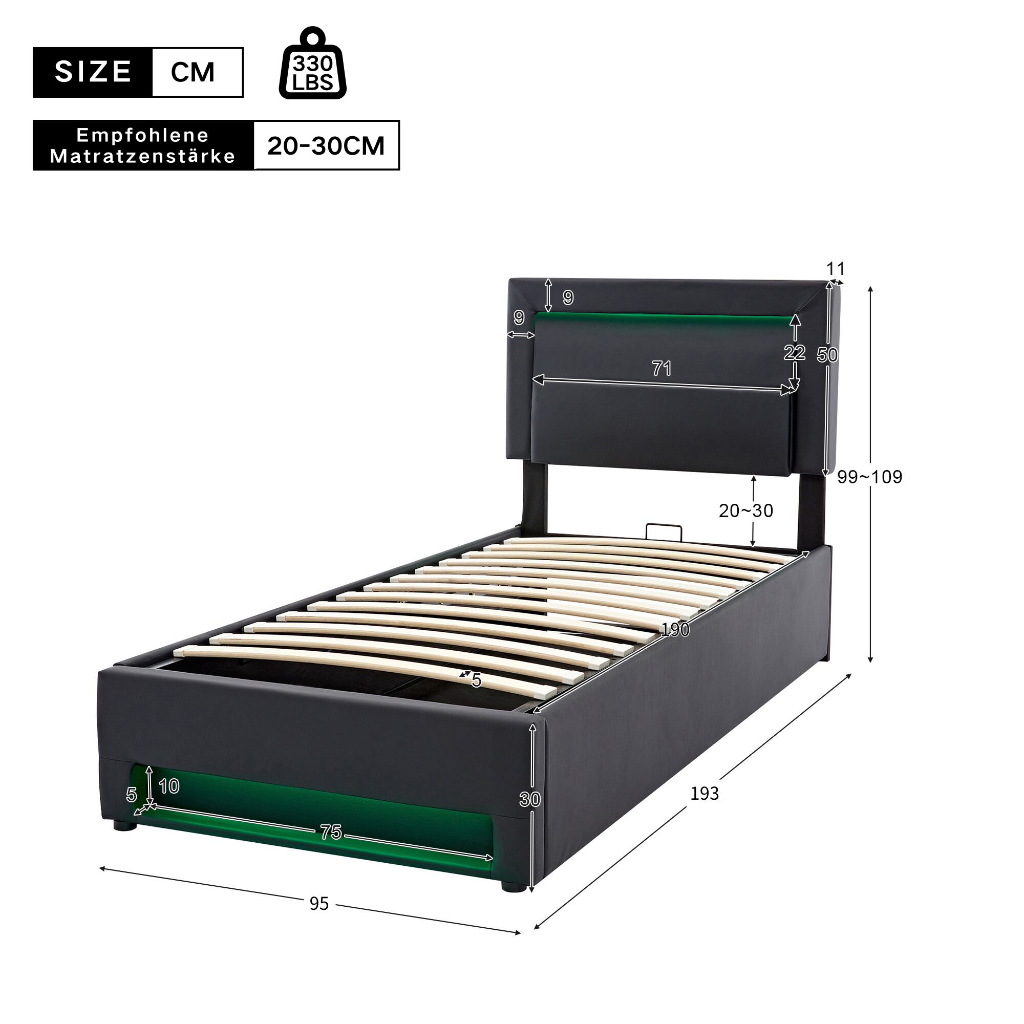 Logidon gestoffeerd bed 90x190 cm zwart USB-oplaadpoort LED-opbergruimte