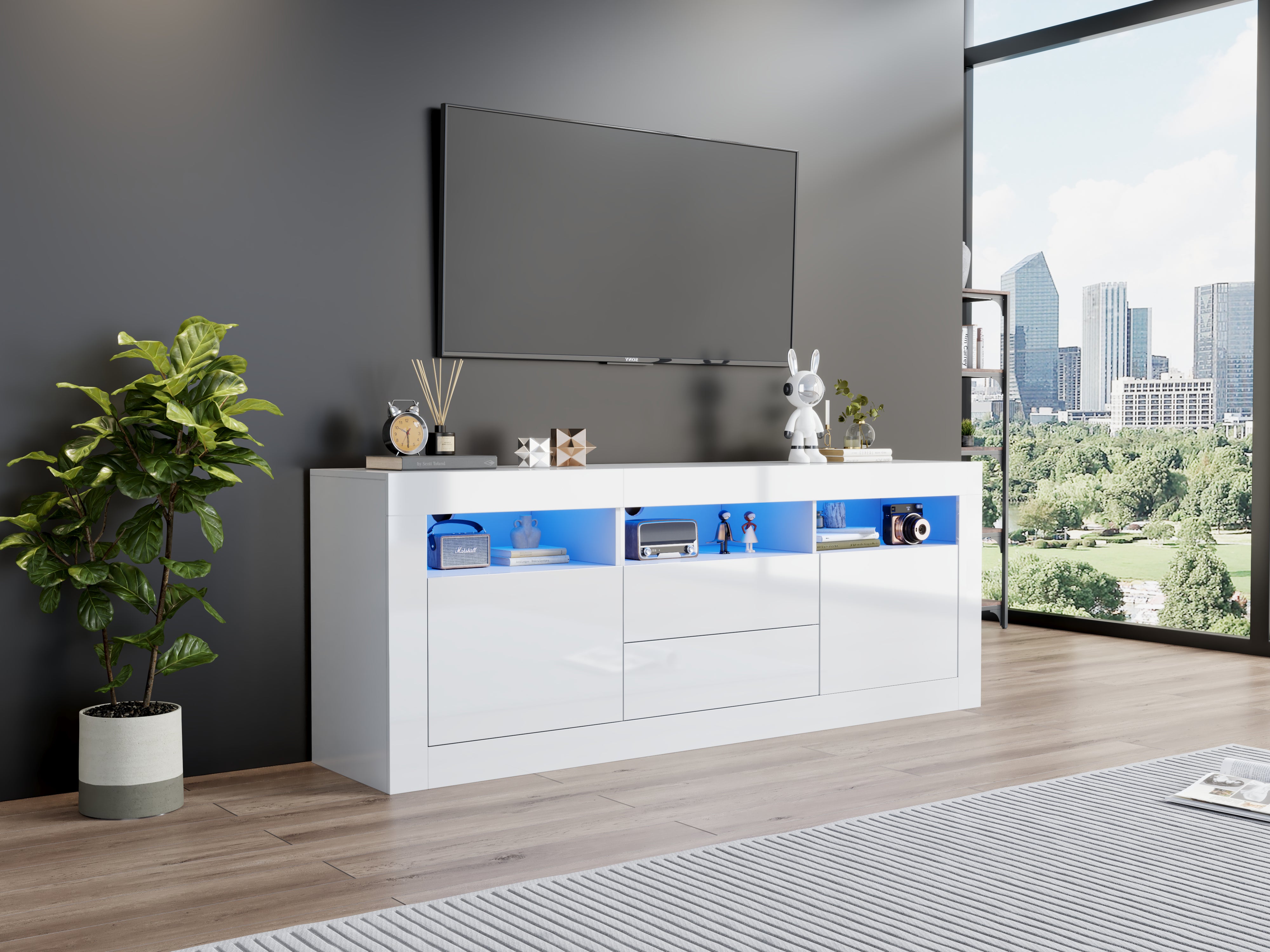 Logidon white high-gloss TV cabinet 160x35x60 cm with LED lighting