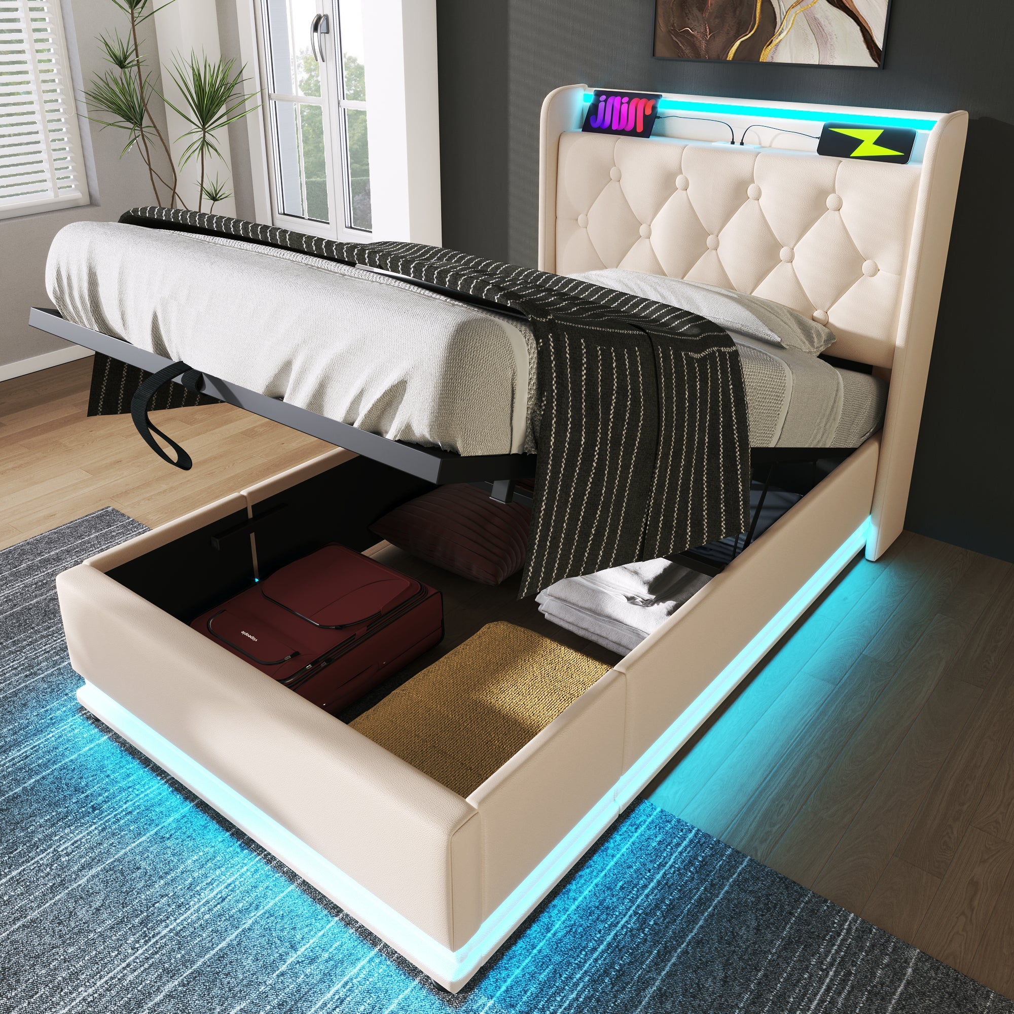 Logidon gestoffeerd bed 90x200 cm wit PU LED USB TypeC oplaadfunctie
